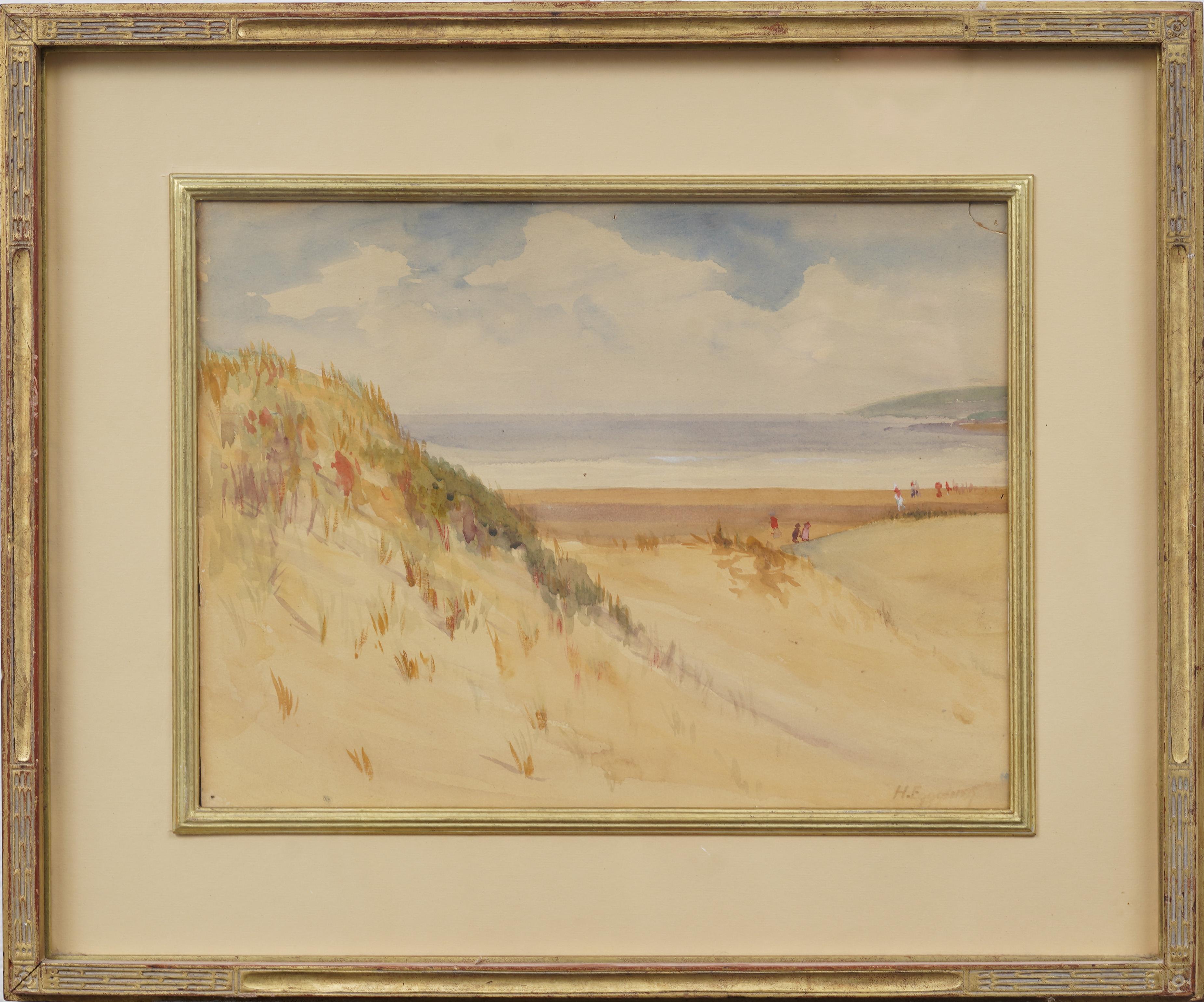 Escena de Playa Antigua de la Escuela Americana Bien Enmarcada Pintura Original NY - Painting de Unknown