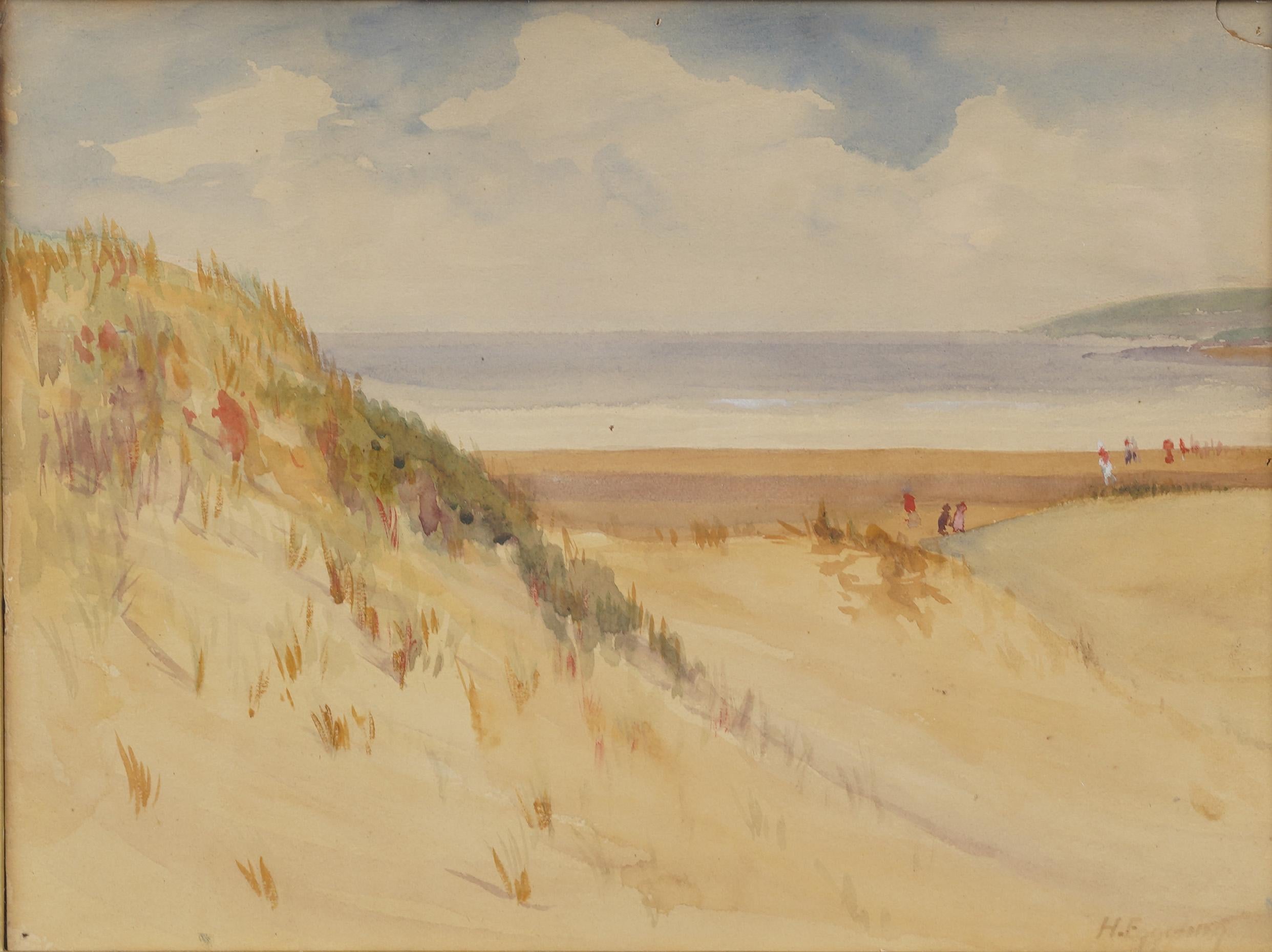 Escena de Playa Antigua de la Escuela Americana Bien Enmarcada Pintura Original NY - Painting Impresionista de Unknown