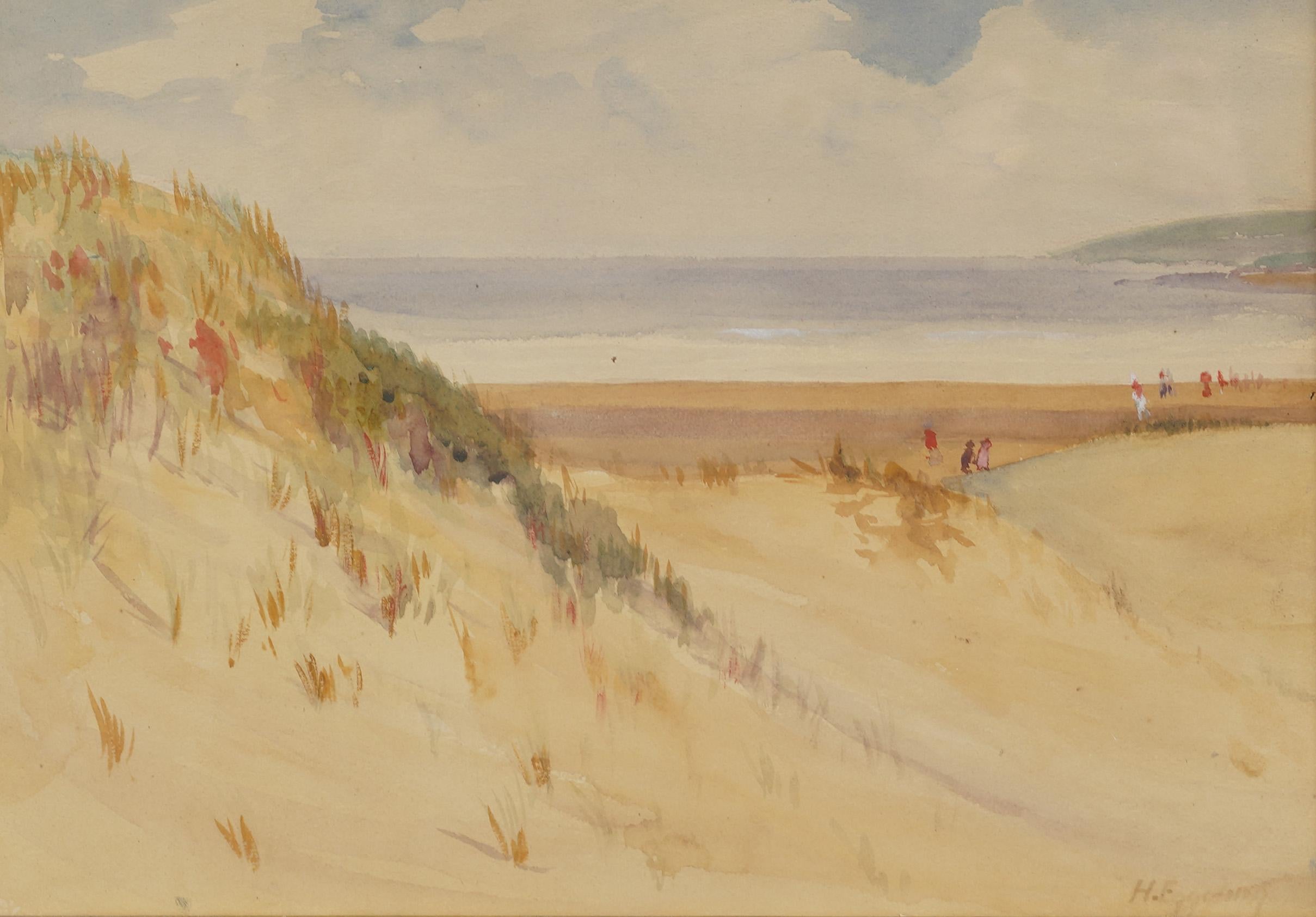 Escena de Playa Antigua de la Escuela Americana Bien Enmarcada Pintura Original NY - Landscape Painting Beige de Unknown