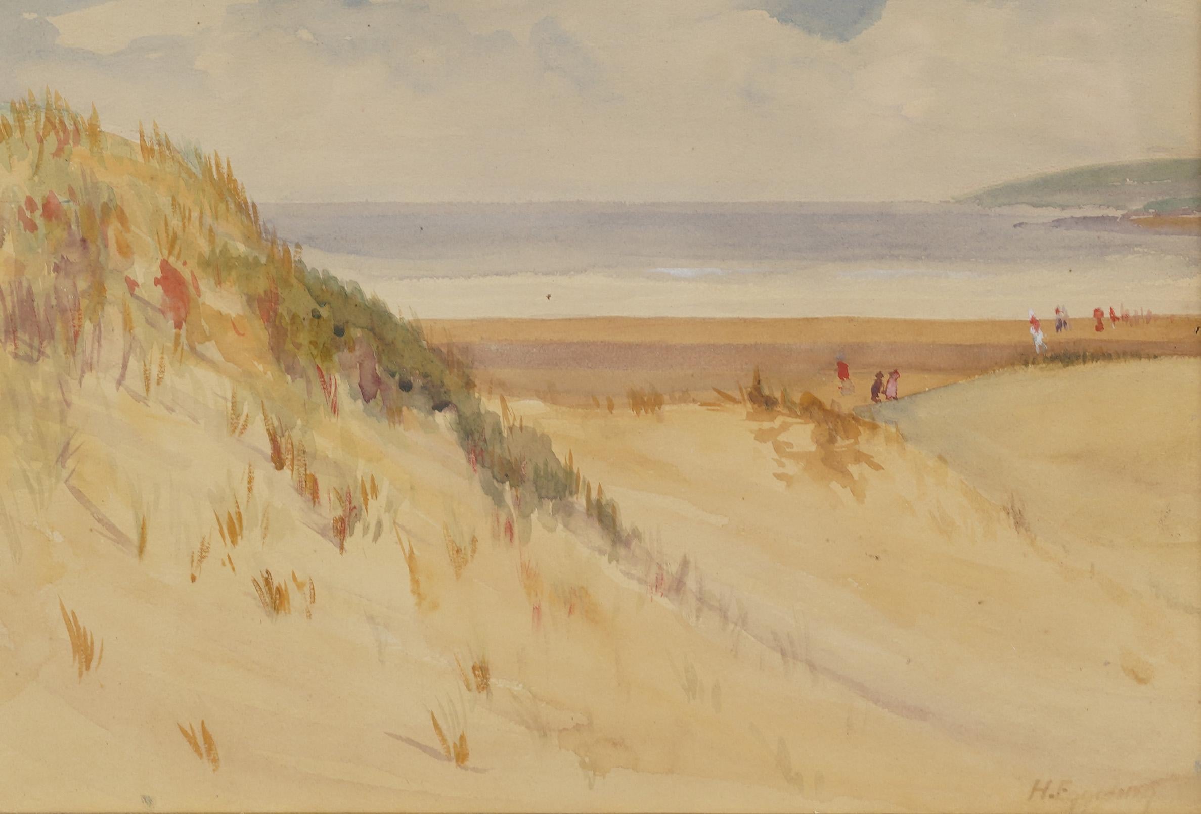 Impresionante cuadro de una escena playera de principios del impresionismo americano.  Enmarcado.  Acuarela y gouache sobre papel.  Firmado.  Tamaño de la imagen, 12H por 16L.
