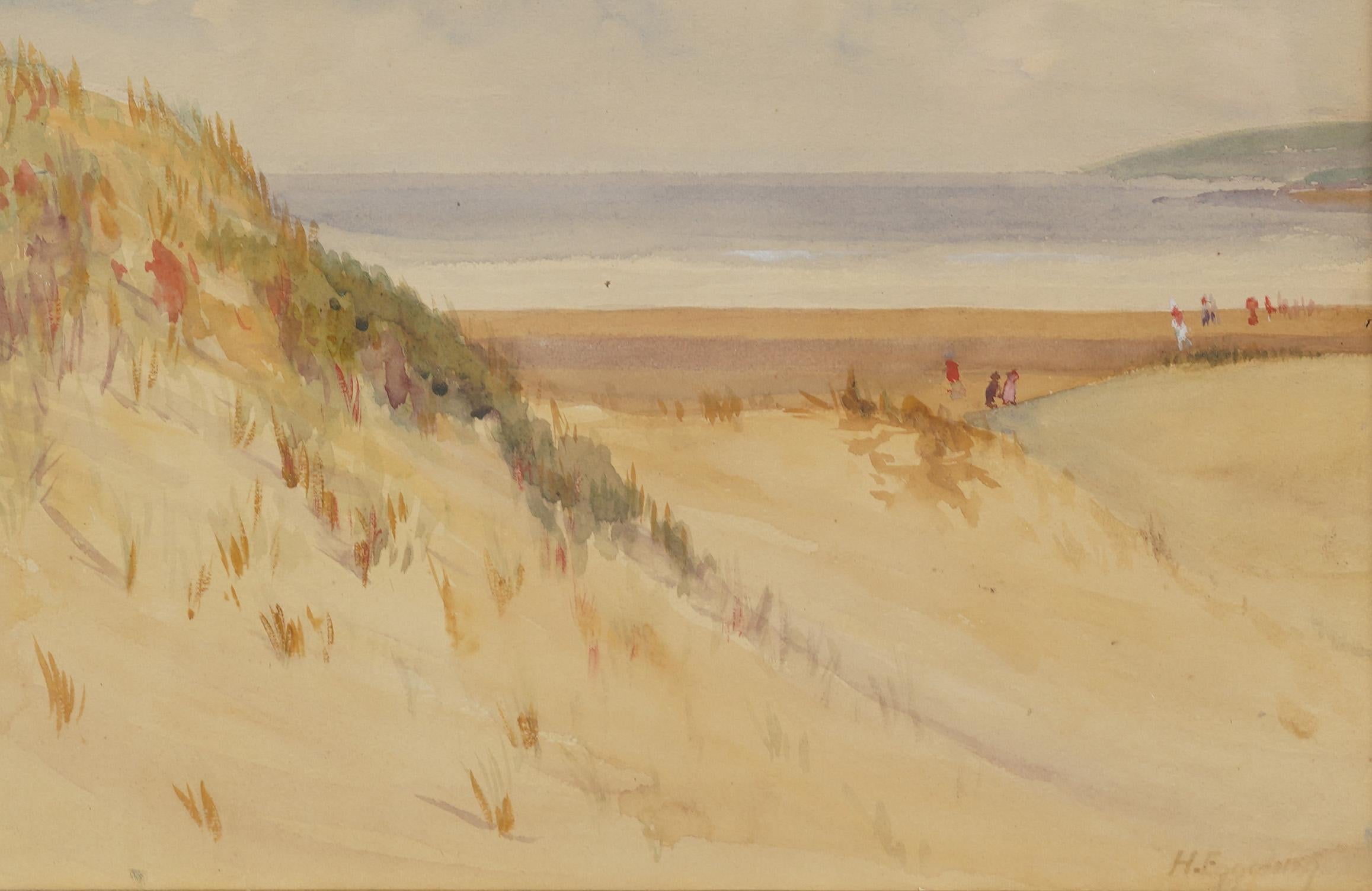 Escena de Playa Antigua de la Escuela Americana Bien Enmarcada Pintura Original NY en venta 1