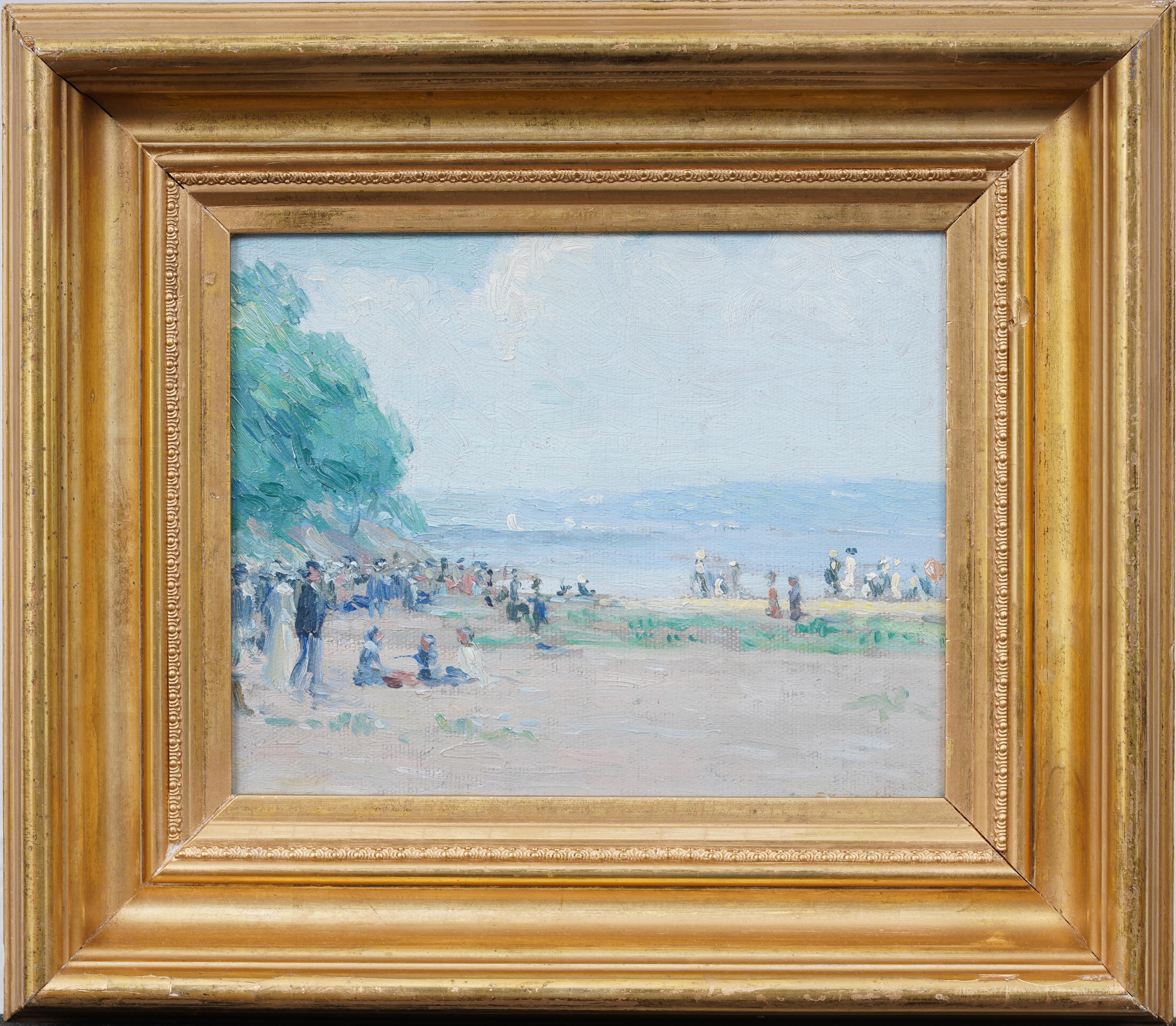 Nicely Framed Detailed American School Antique Beach Scene Original Oil Painting - Brown Figurative Painting by Unknown