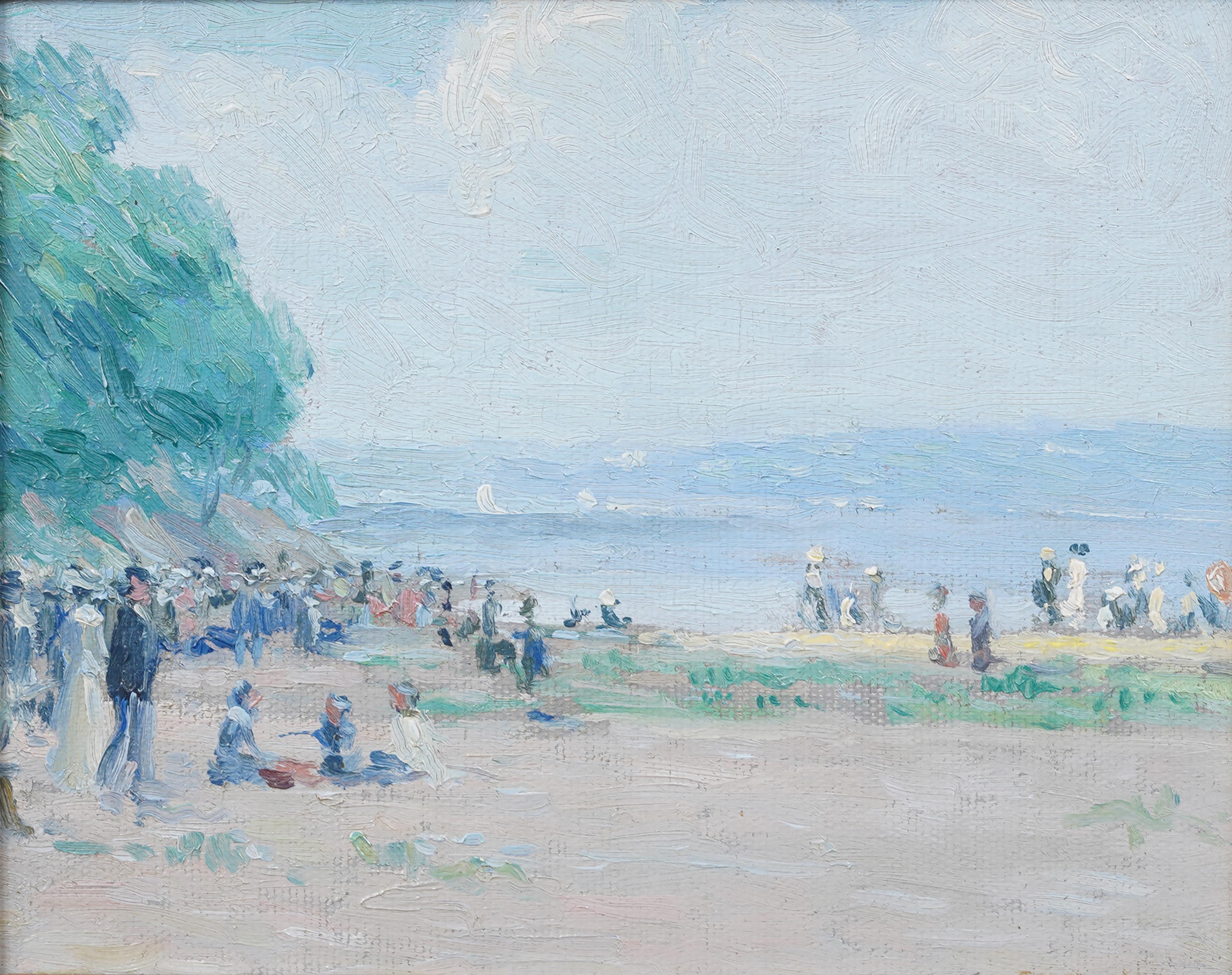 Very finely painted early 1900s American impressionist beach scene.  Oil on board.  Framed.  Signed verso.  Great colors and very well painted.  Excellent ready to hang condition.
