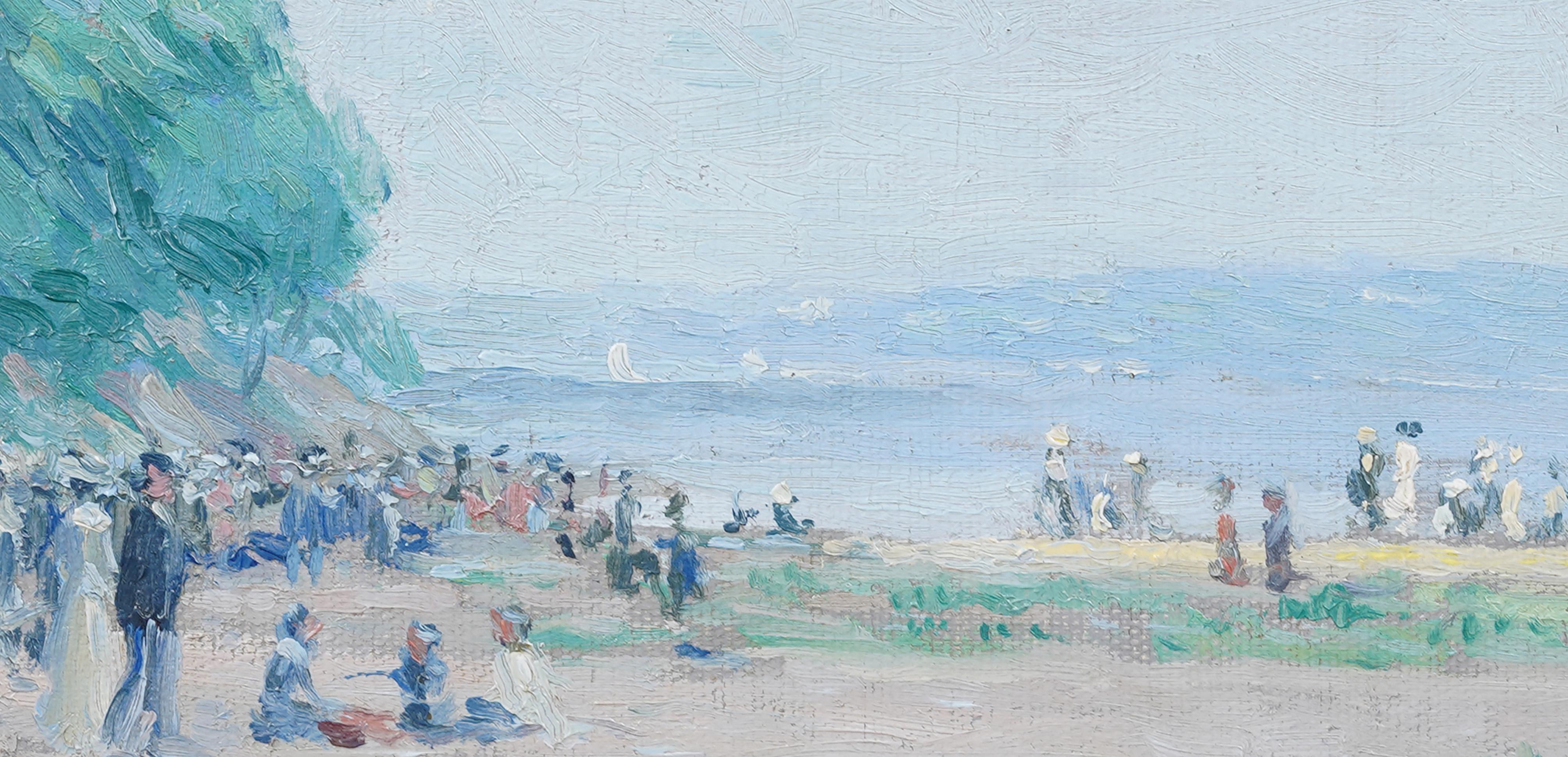 Nicely Framed Detailed American School Antique Beach Scene Original Oil Painting For Sale 2