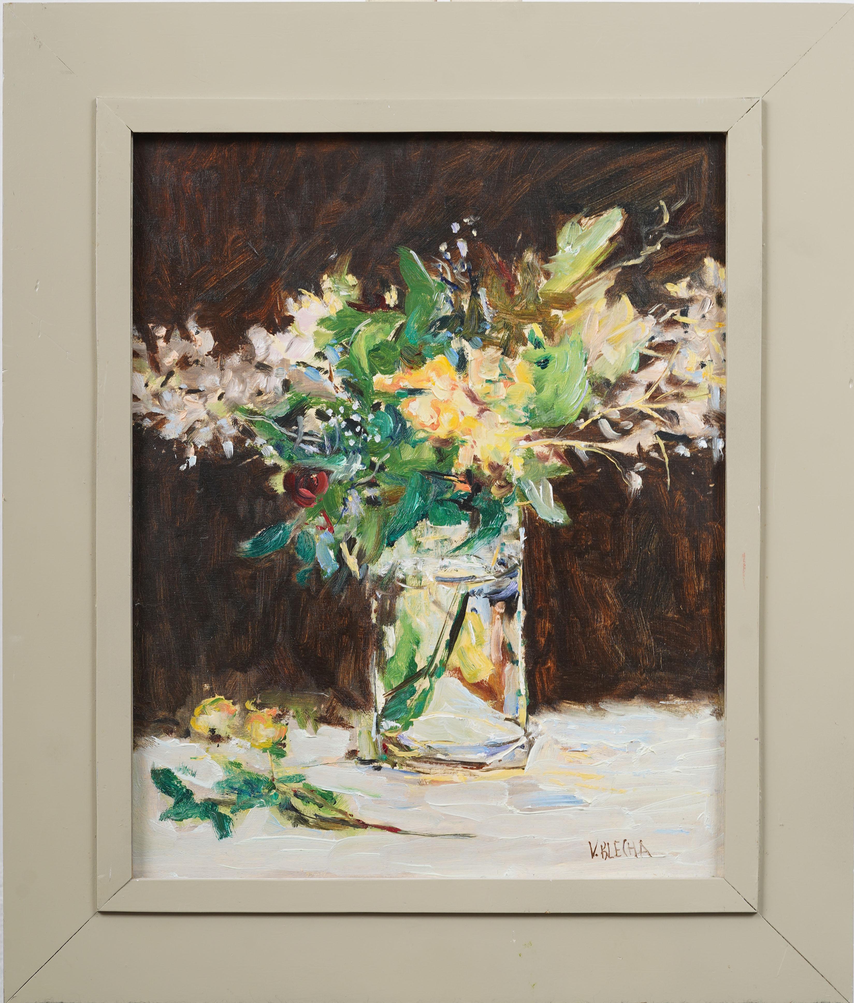 Schön gerahmt Vintage American Modernist Flower Still Life Interior Ölgemälde – Painting von Unknown