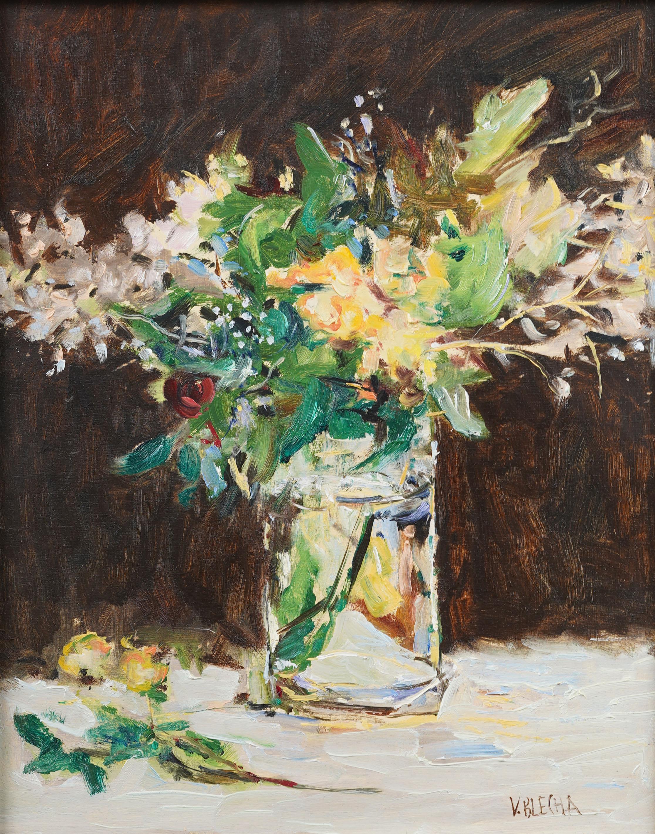 Schön gerahmt Vintage American Modernist Flower Still Life Interior Ölgemälde (Moderne), Painting, von Unknown