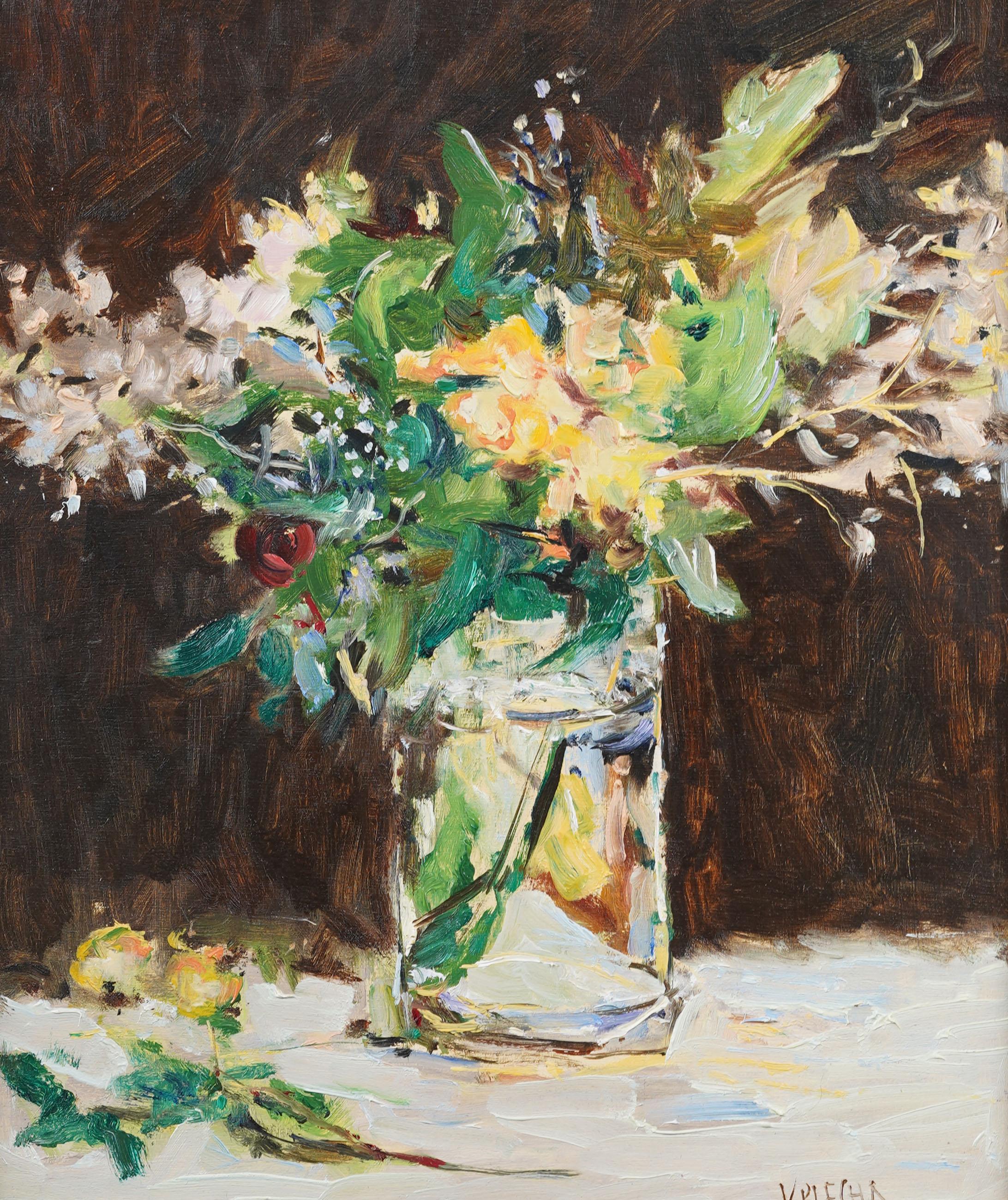 Schön gerahmt Vintage American Modernist Flower Still Life Interior Ölgemälde (Beige), Interior Painting, von Unknown