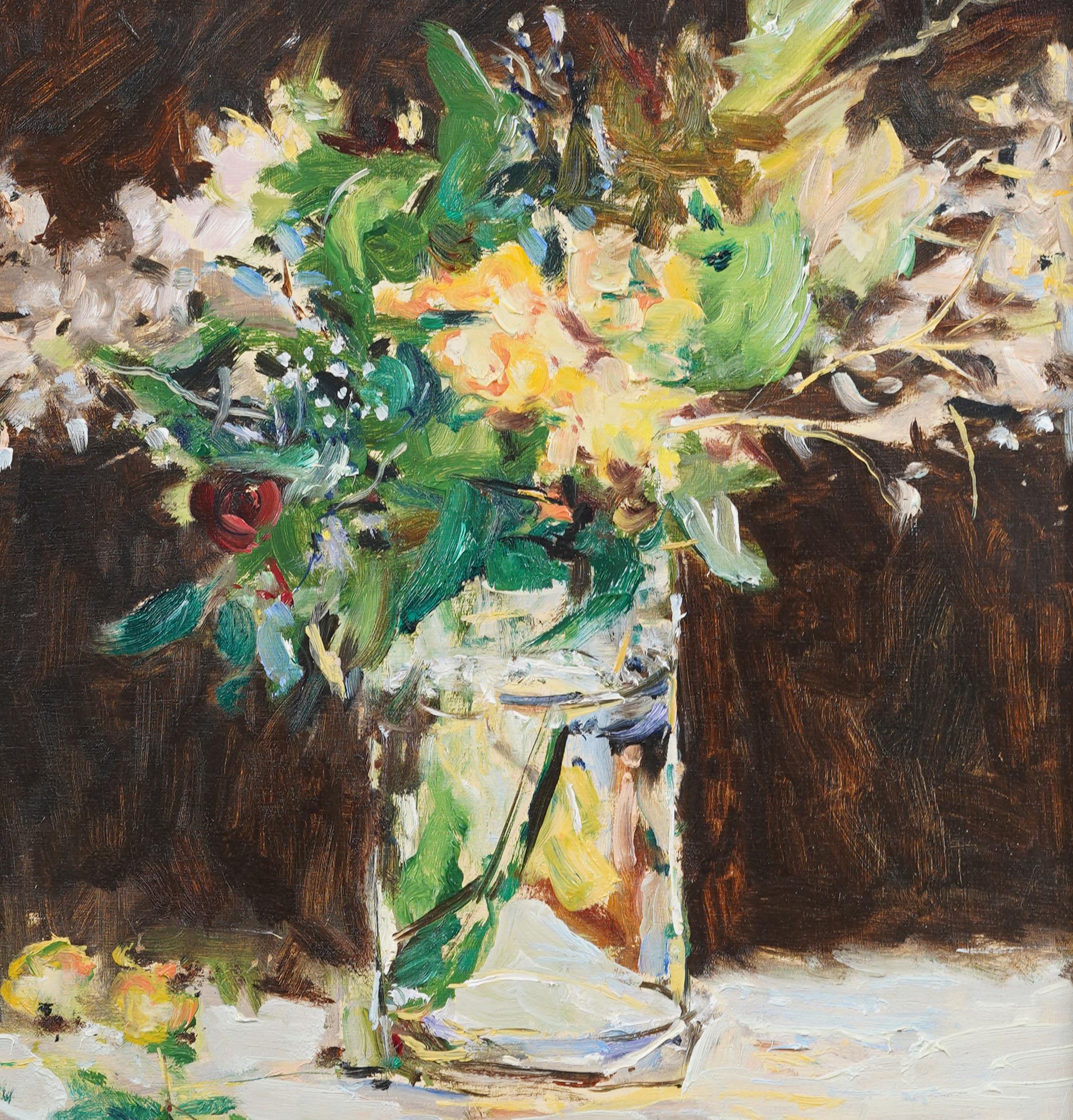 Schön gerahmt Vintage American Modernist Flower Still Life Interior Ölgemälde im Angebot 1
