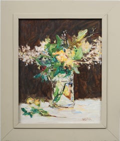 Pittura ad olio d'epoca modernista con cornice, natura morta di fiori per interni