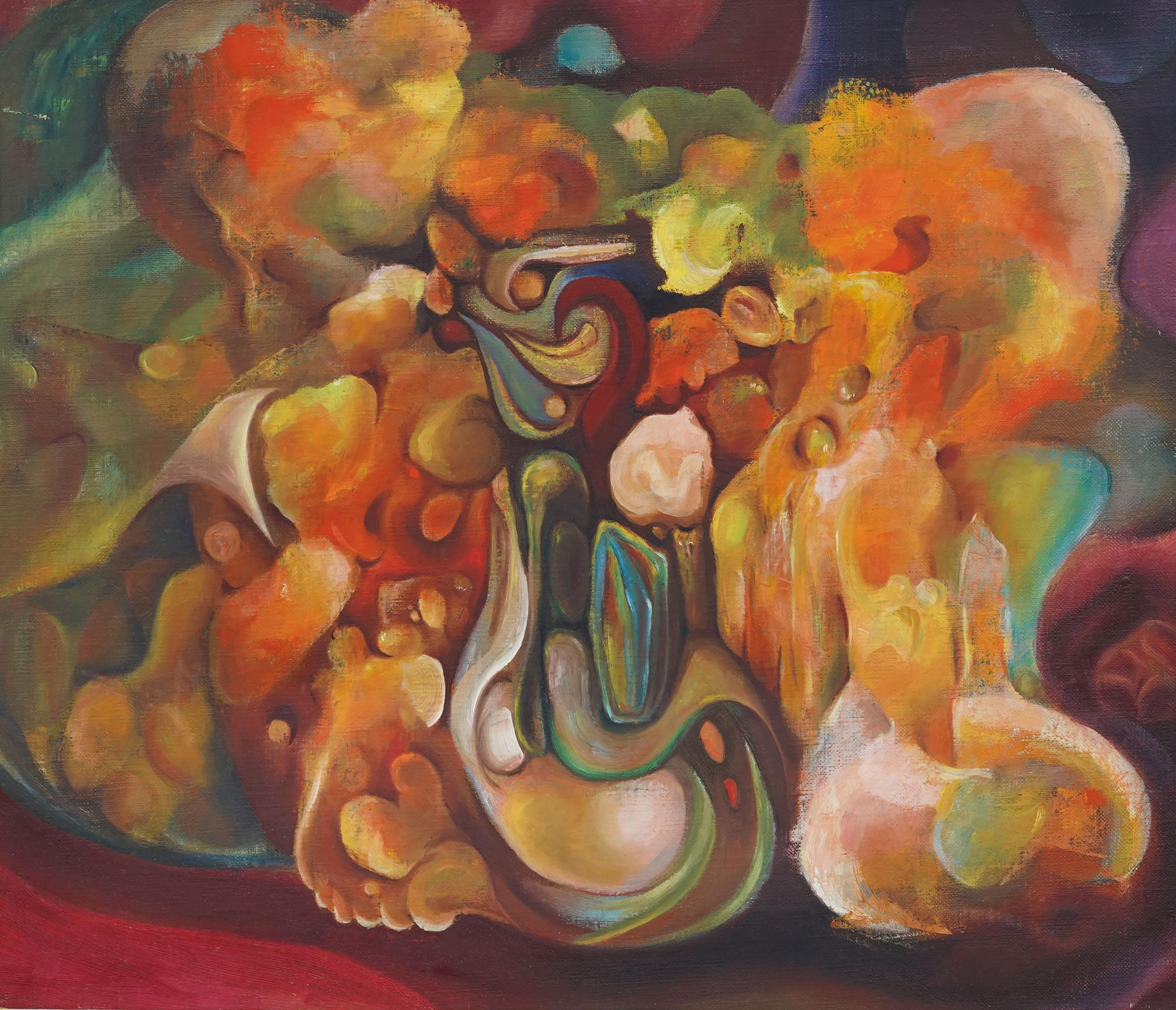 Schön gerahmt Vintage American Modernist Surreal Abstract Rare Ölgemälde (Braun), Abstract Painting, von Unknown