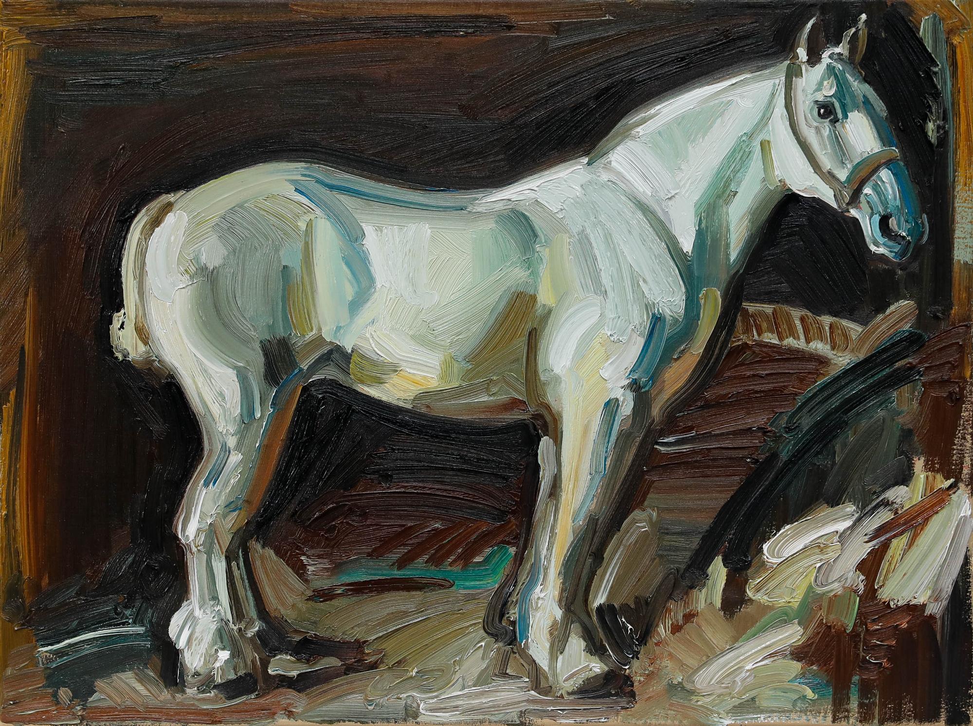 Nick Todhunter - Zeitgenössisches Öl, Silberwind im Stall – Painting von Unknown