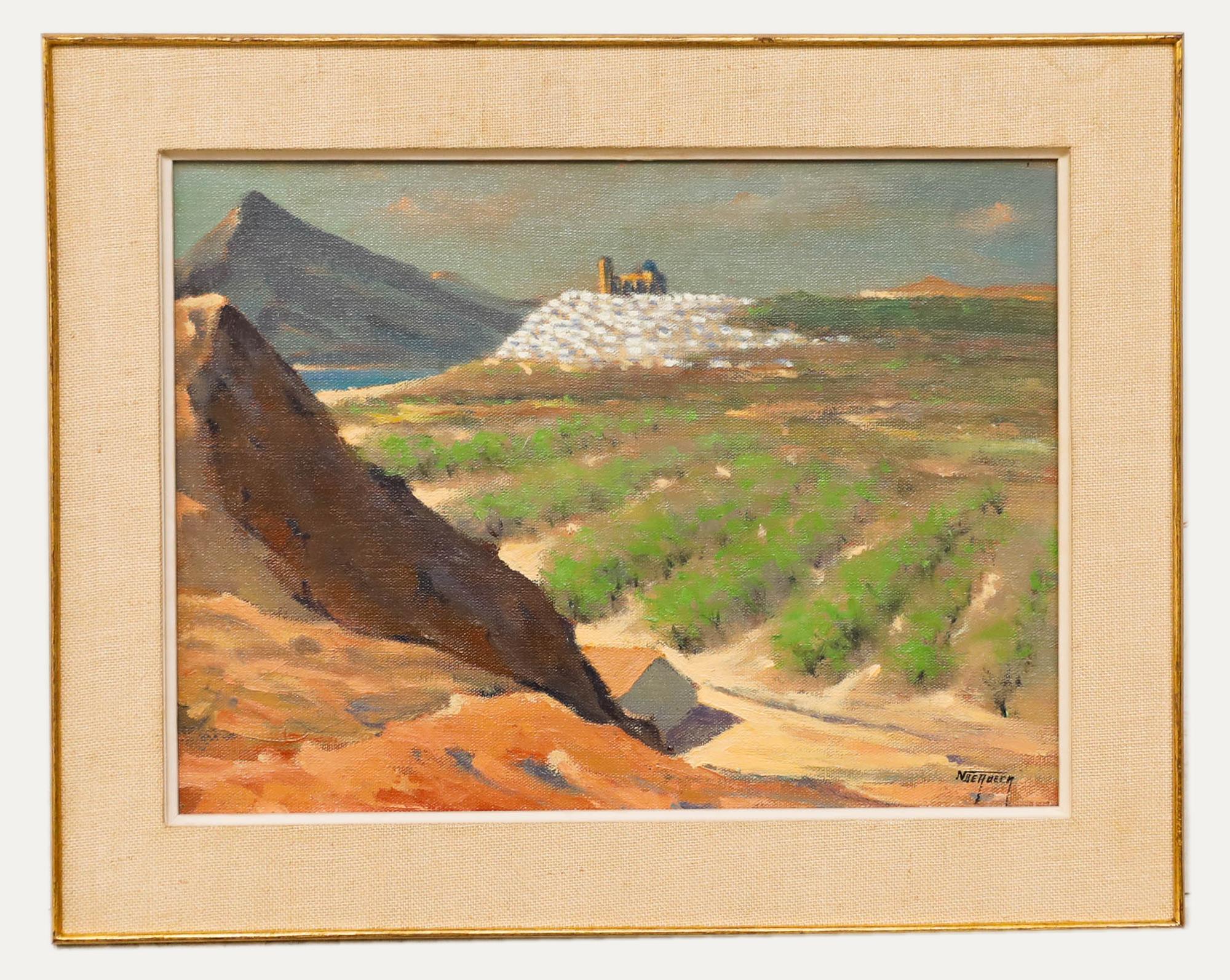 Huile du milieu du 20e siècle encadrée, Le Village sur son fils Eperon, Altea