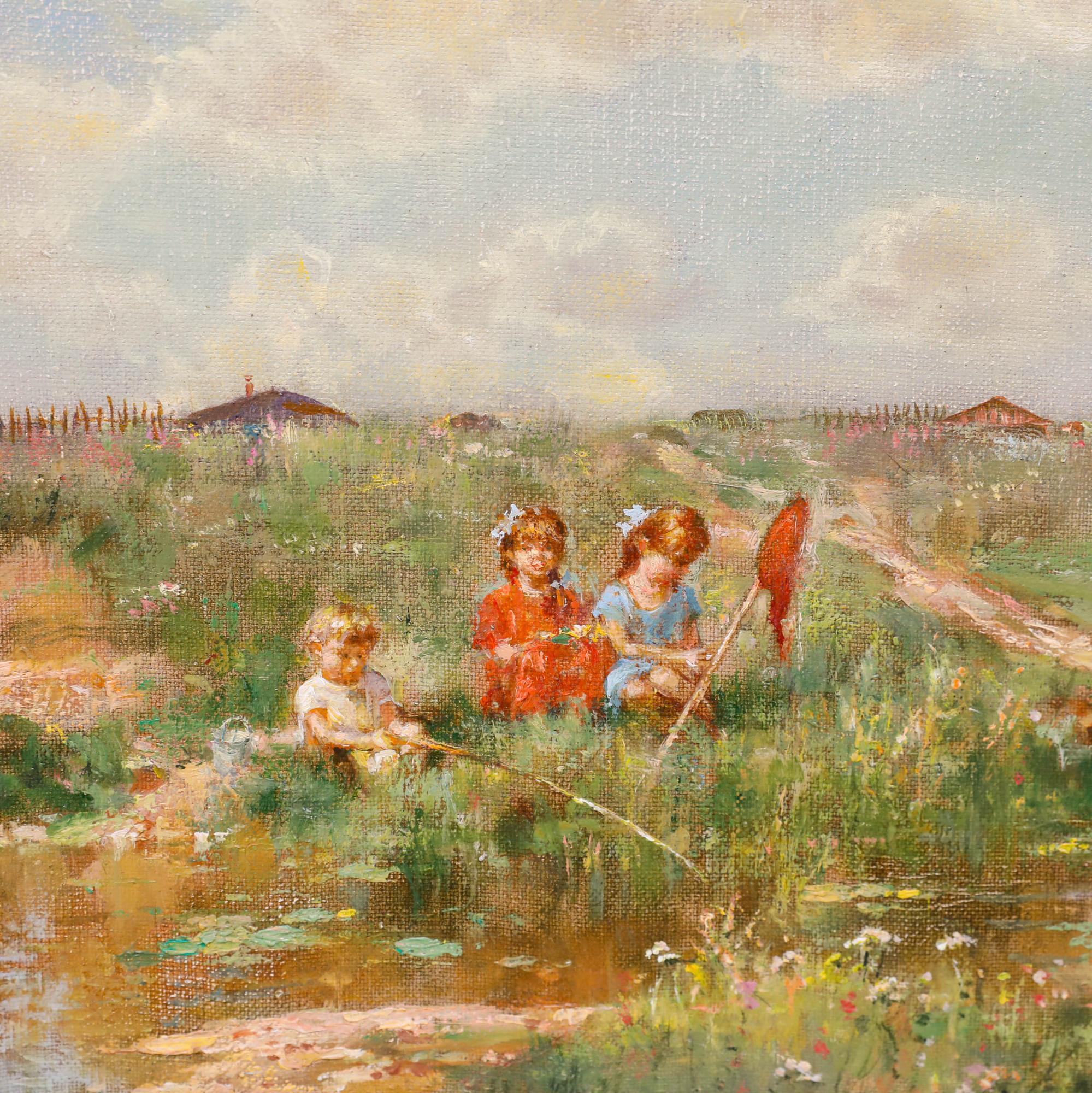 Un affascinante dipinto impressionista dell'artista russo del dopoguerra e contemporaneo Nicolas Kozlenko (1952-2017). La scena ritrae un gruppo di bambini che giocano vicino a un ruscello tranquillo in piena estate. Ben presentato in una cornice