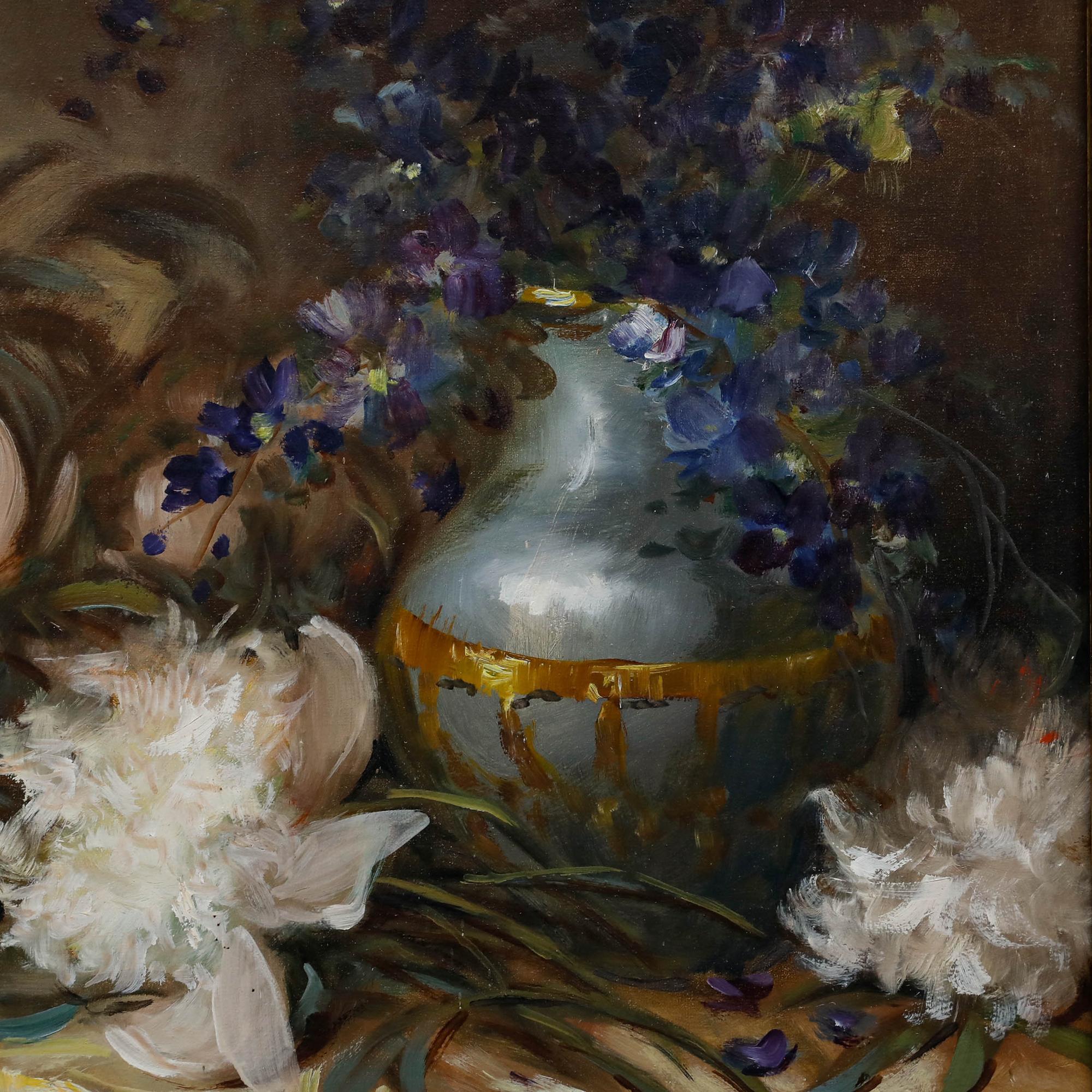 This delightful floral still life depicts a beautiful arrangement of peonies. The white flowers are rendered with expressive brushstrokes, creating a delicate balance between traditional and Impressionist styles. A blue vase containing lilac flowers