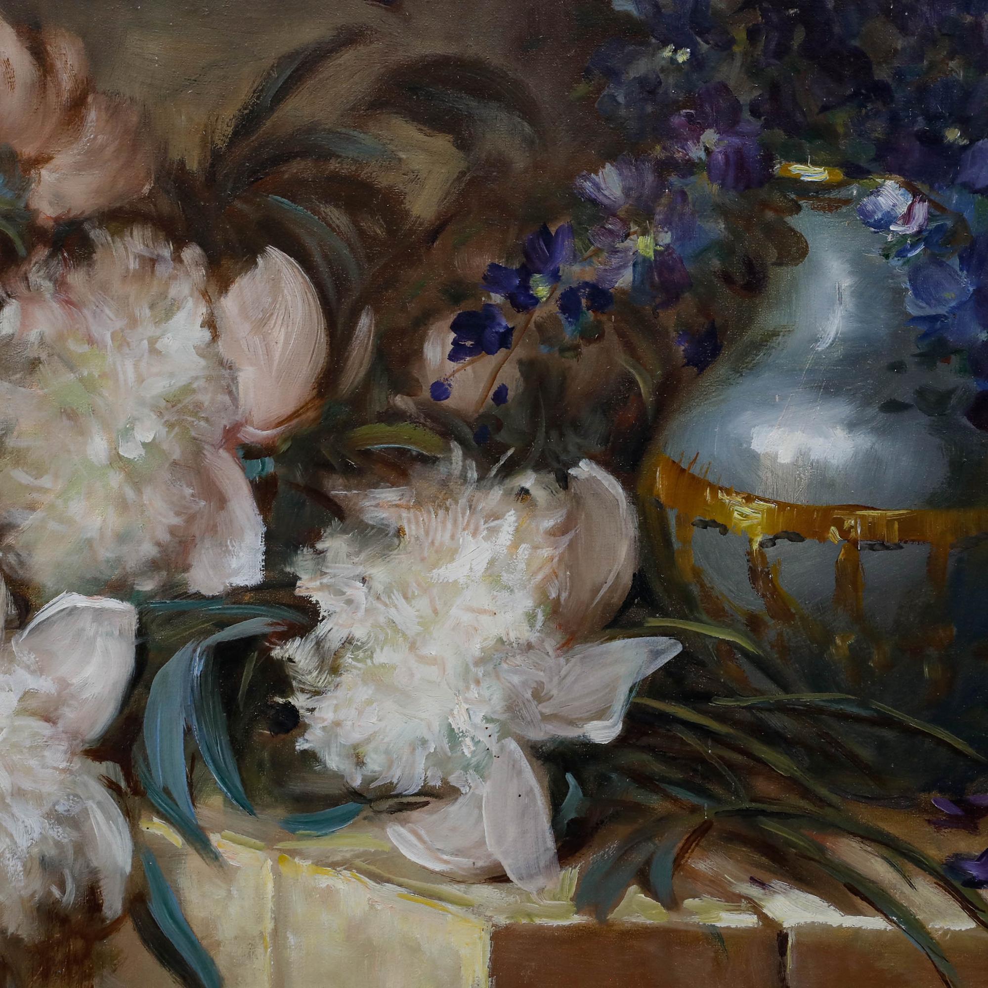 Nicole Parisini (b.1924) - Framed 20th Century Oil, Still Life of Peonies For Sale 1