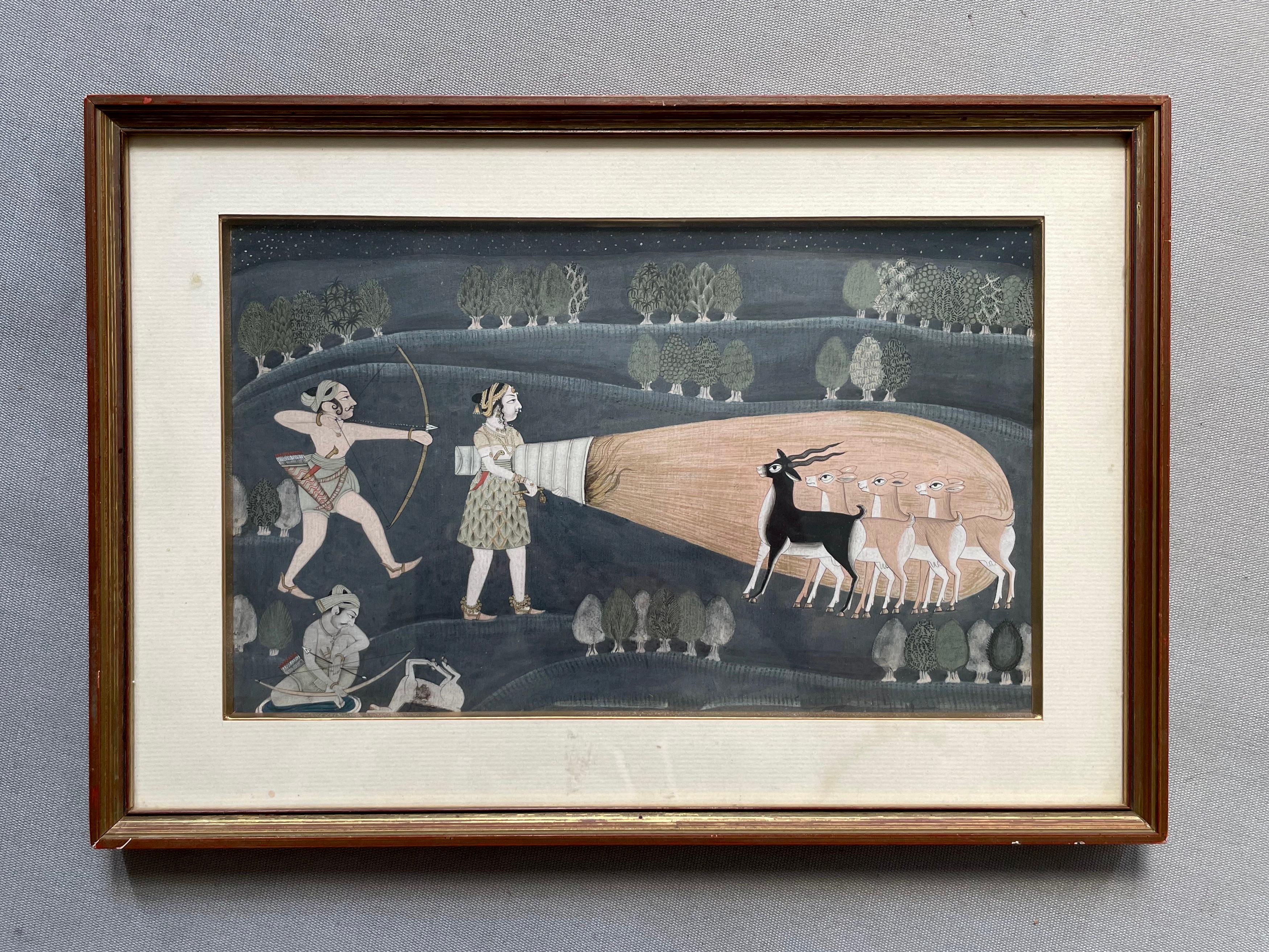 Night Antelope Hunting, Indian Miniature - Painting by Unknown