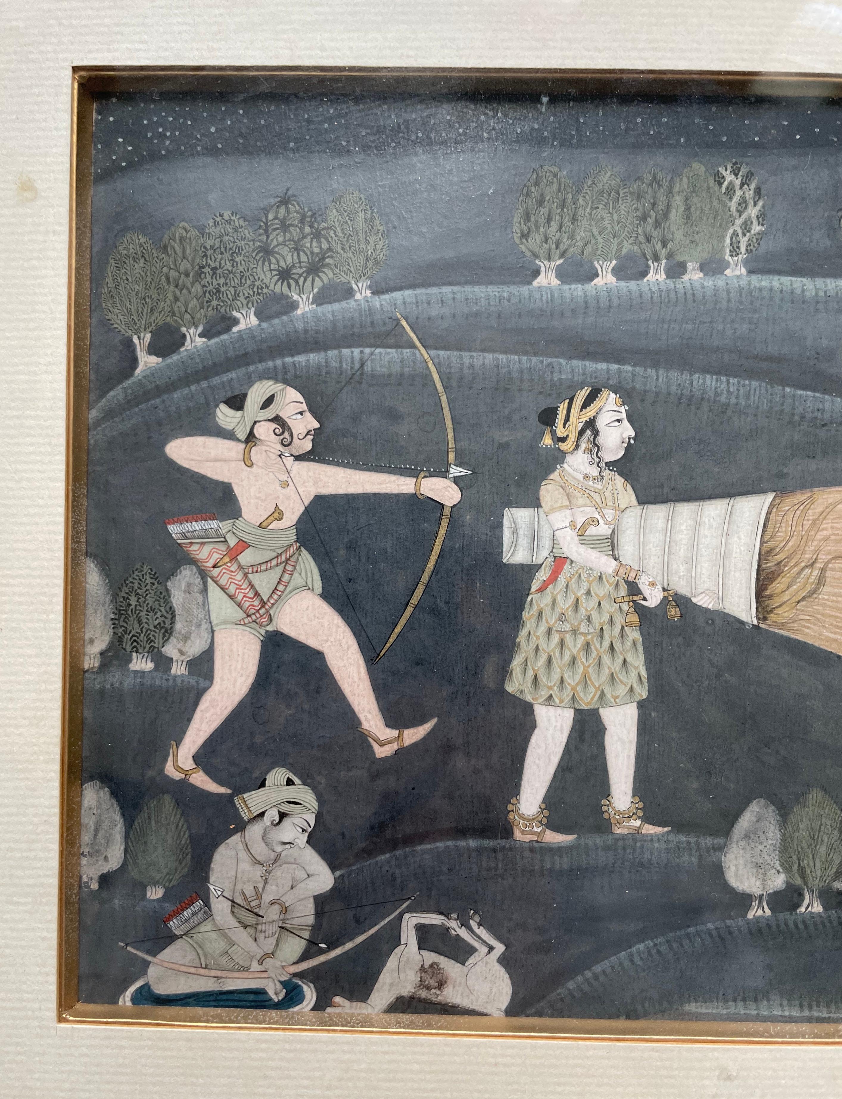 Night Antelope Hunting, Indian Miniature - Gray Figurative Painting by Unknown