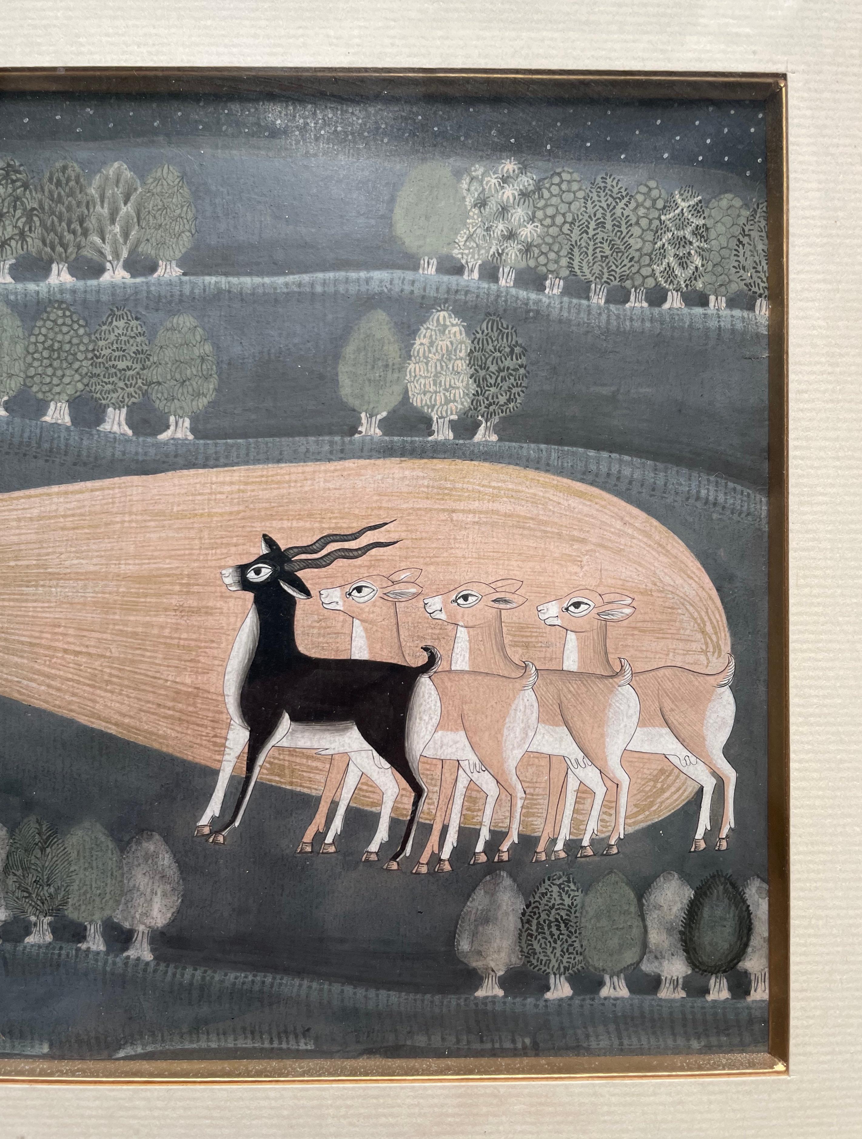 Night Antelope Hunting, Indian Miniature For Sale 1