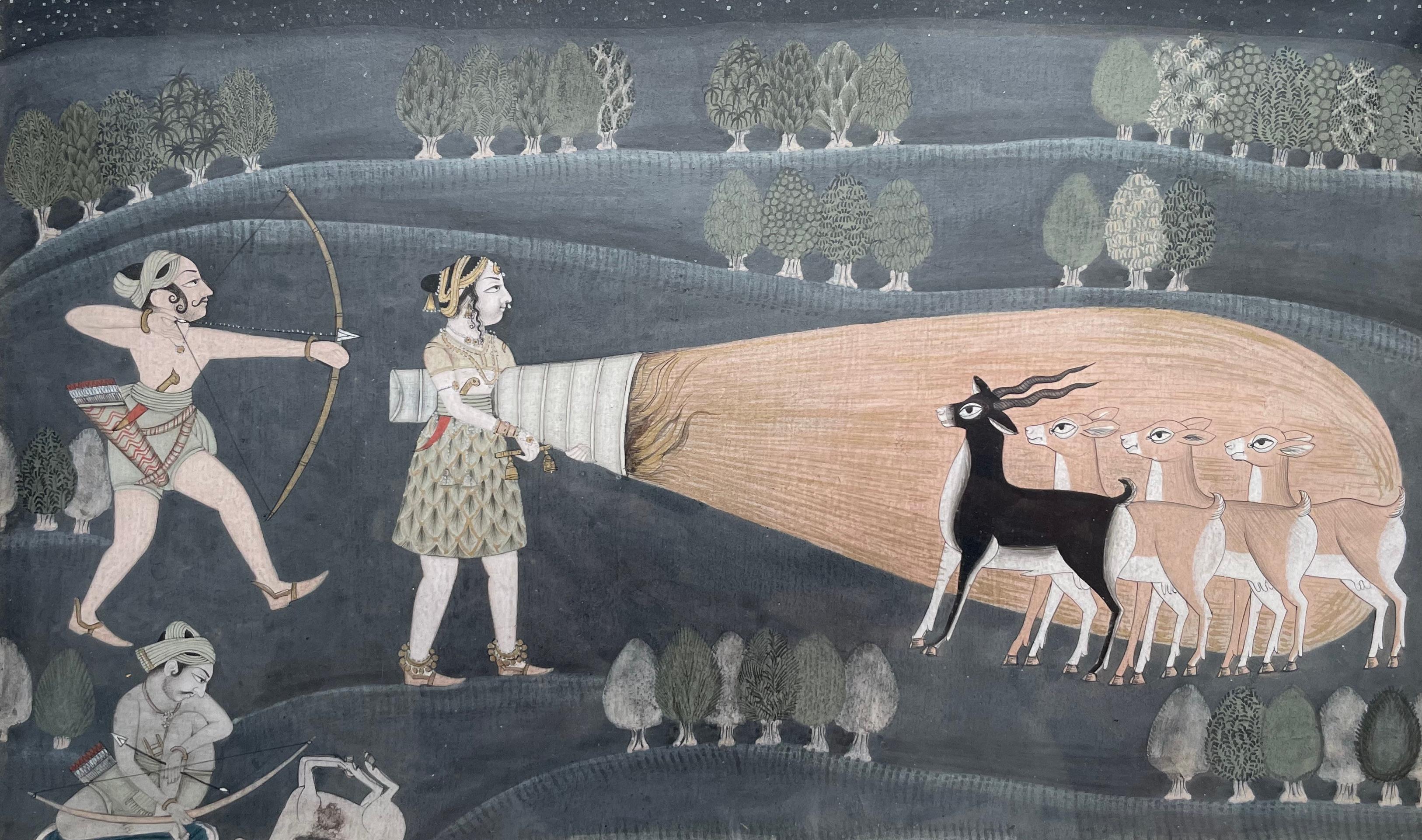 Night Antelope Hunting, Indian Miniature