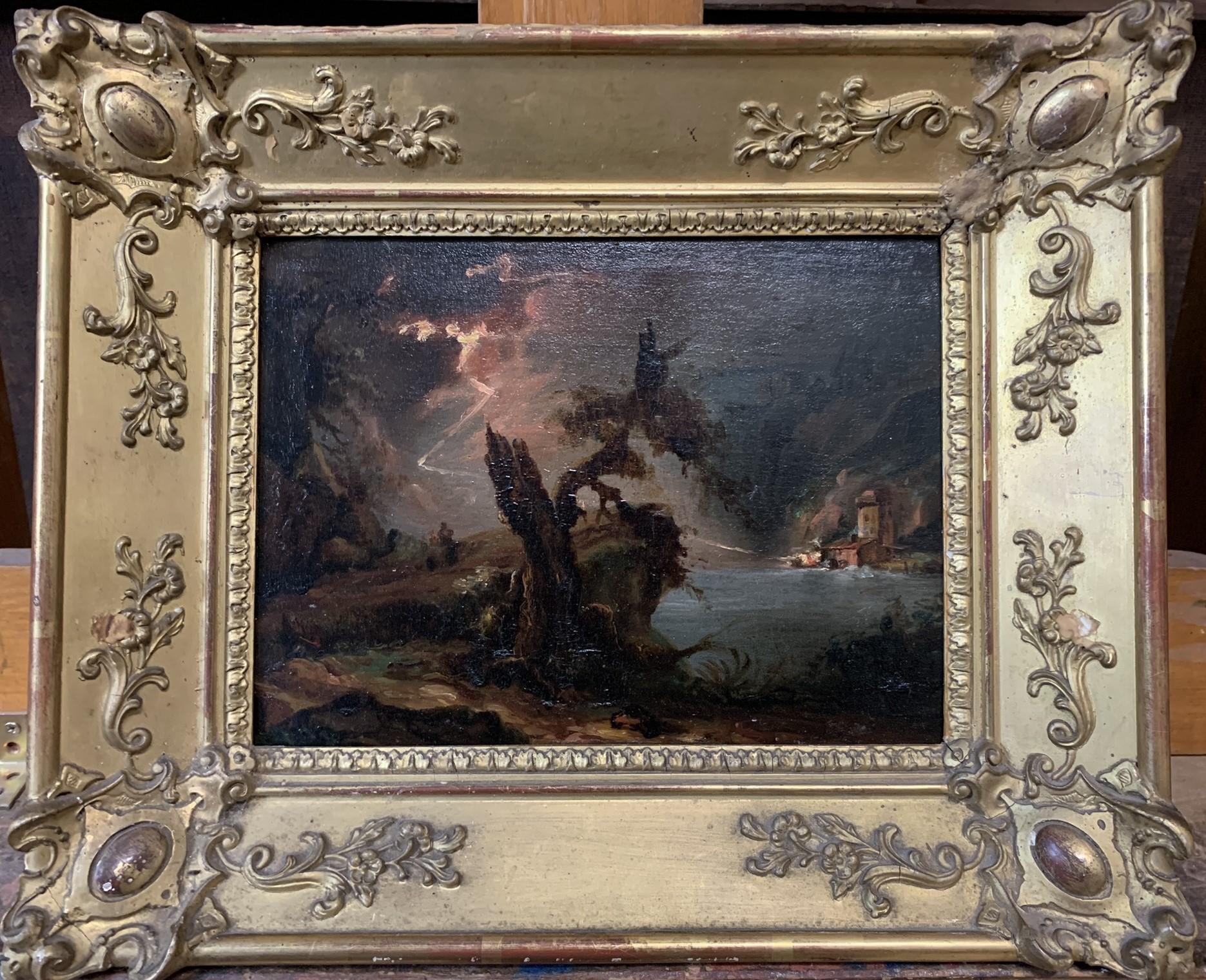 Night Landscape With Fire, Lightning And Storm. 1st Half Of XIX Century. - Painting by Unknown