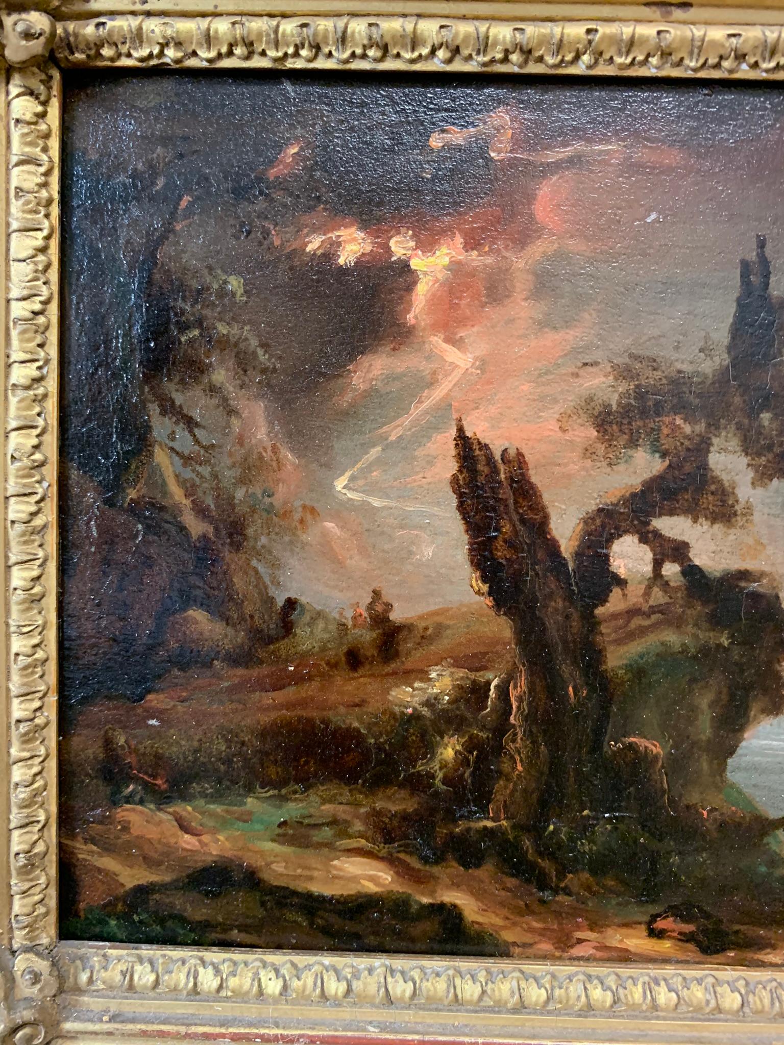 Night Landscape With Fire, Lightning And Storm. 1st Half Of XIX Century. - Romantic Painting by Unknown