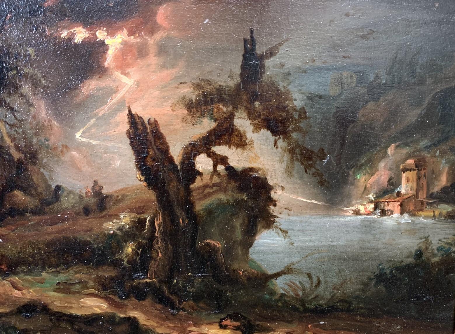 Night Landscape With Fire, Lightning And Storm. 1st Half Of XIX Century. 1