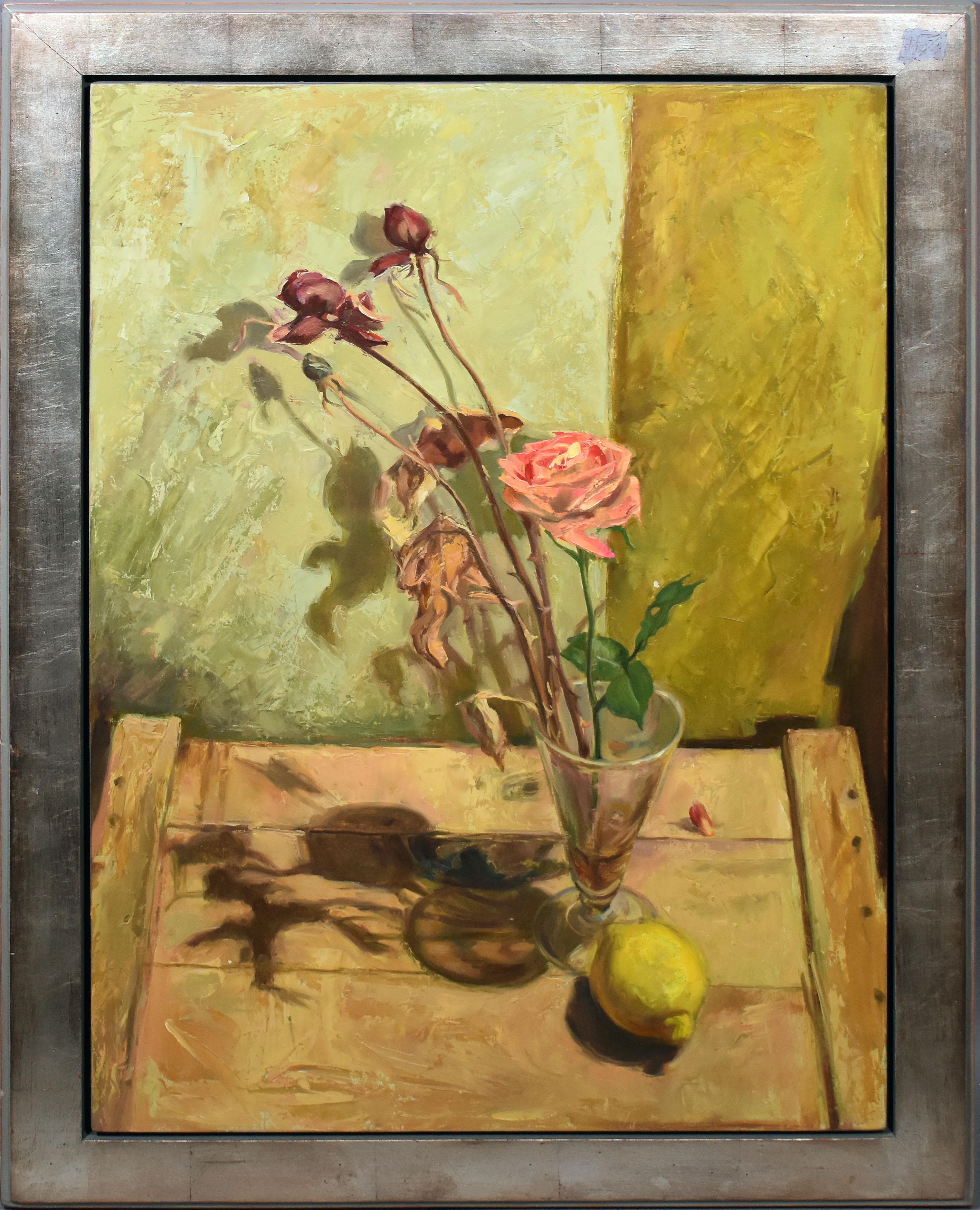 Unknown Abstract Painting - "Night Lemon" Modernist Kitchen Table Flower Still Life American Oil Painting