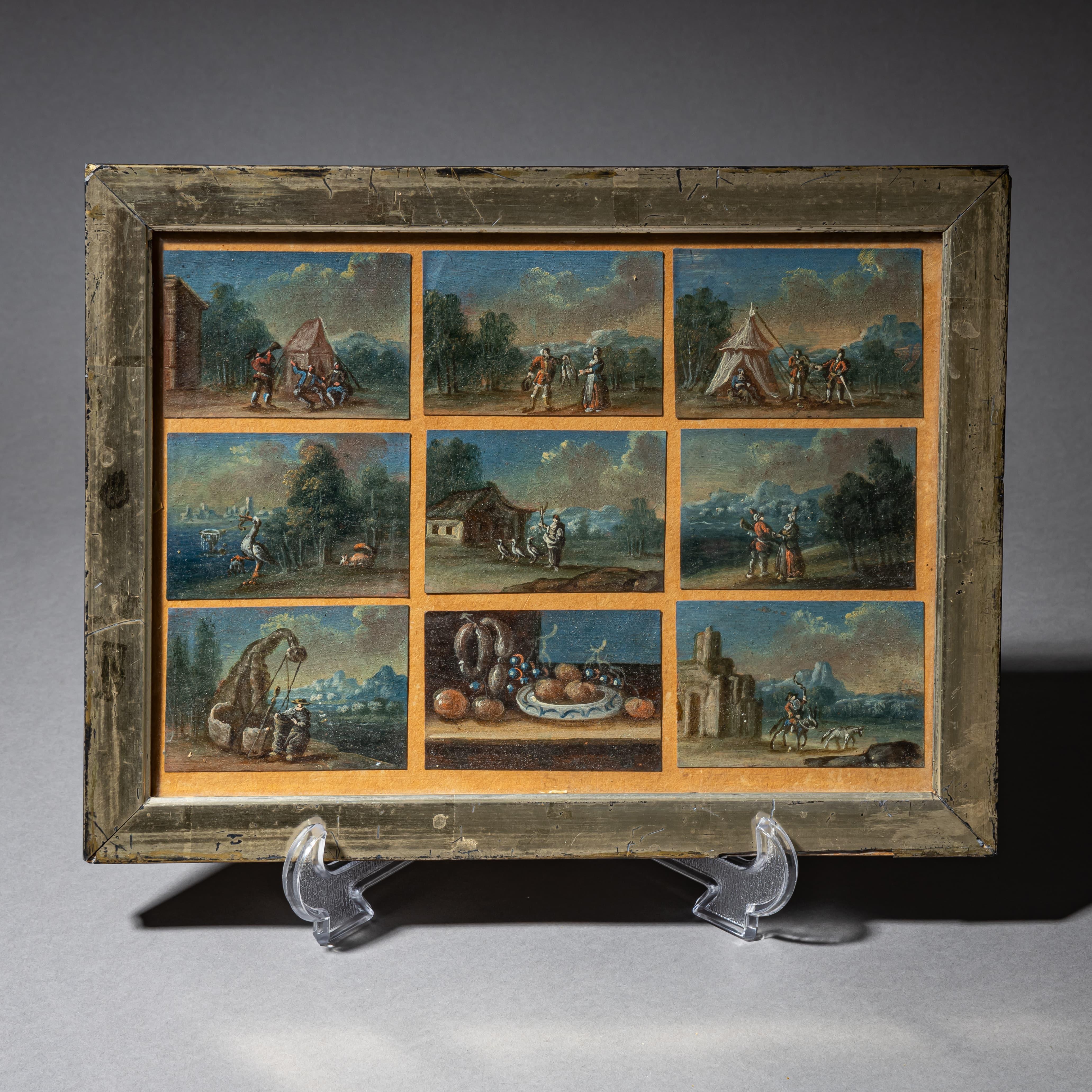 Nove dipinti in miniatura, probabilmente del XVIII secolo - Figurative Painting Grigio di Unknown