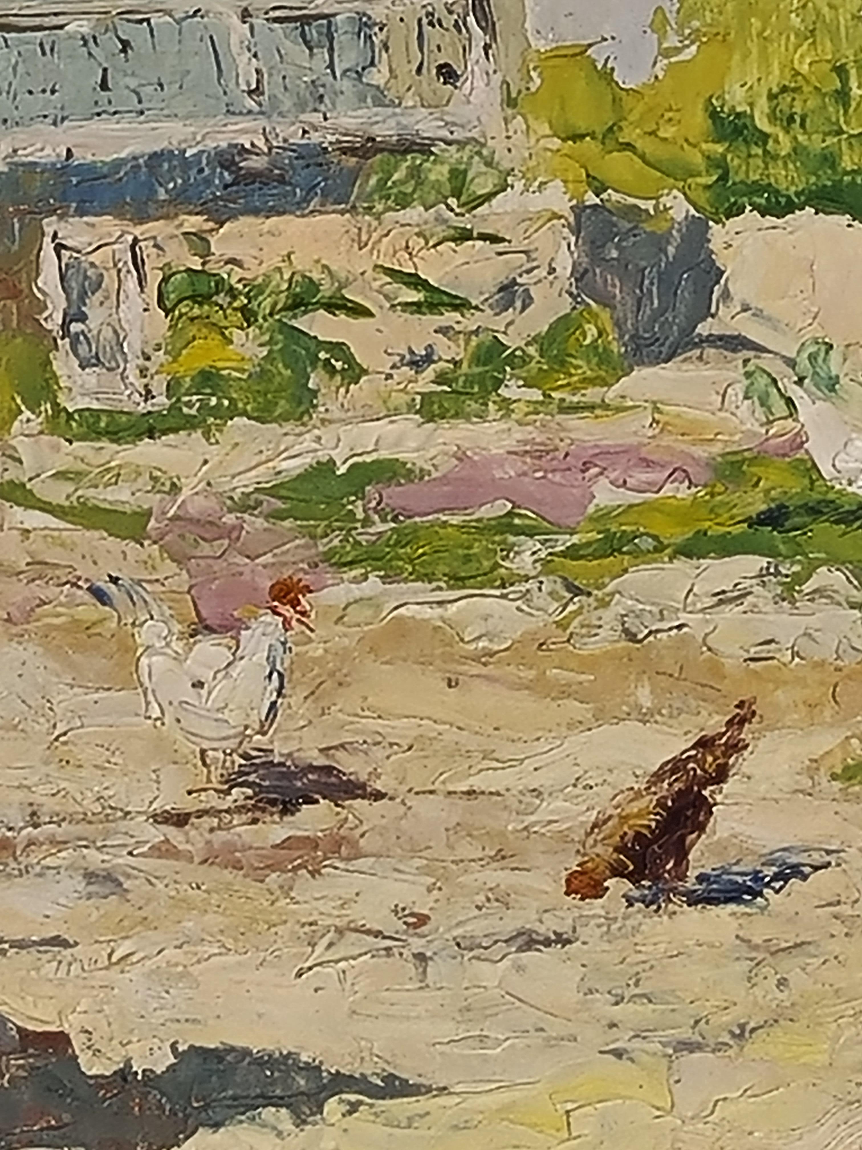 French Mid Century oil on board view of a sunny farmyard with chickens. The painting is signed bottom left but as yet undeciphered. In painted wood frame.

Very charming rural view with characteristic French rural architecture.