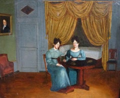 Noble women reading in a bourgeois interior, Original French Vintage oil canvas