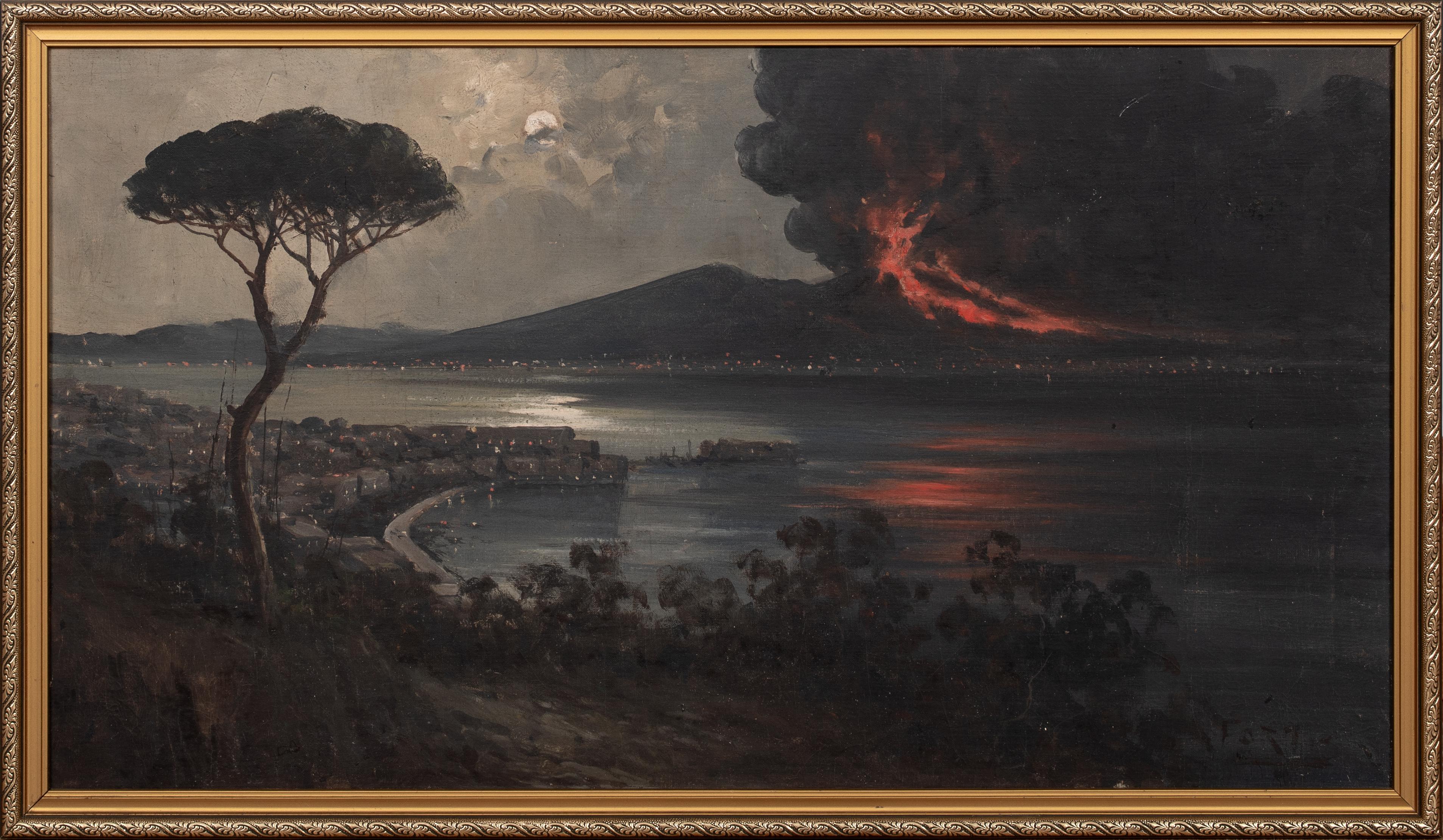 Nocturne du mont Vésuve en éruption, école napolitaine du XIXe siècle