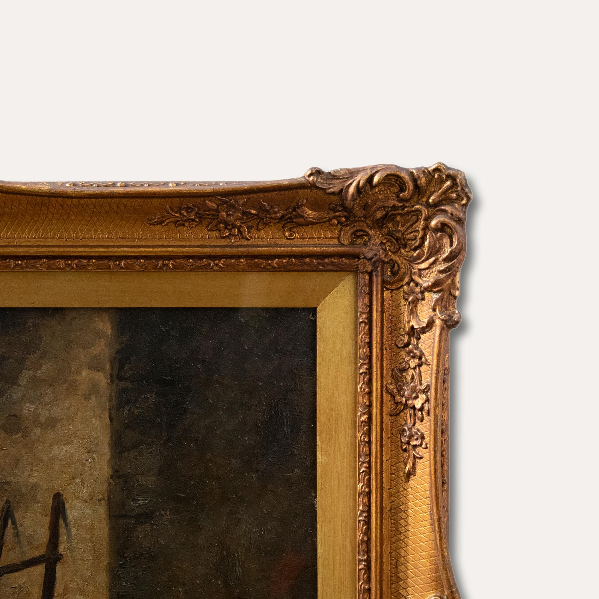 A charming oil study by French artist Noel Raymond Esbrat. The scene depicts various poultry in nesting in a barn. Signed to the lower left. Presented in a swept gilt frame with foliate and shell ornamentation. On canvas.
