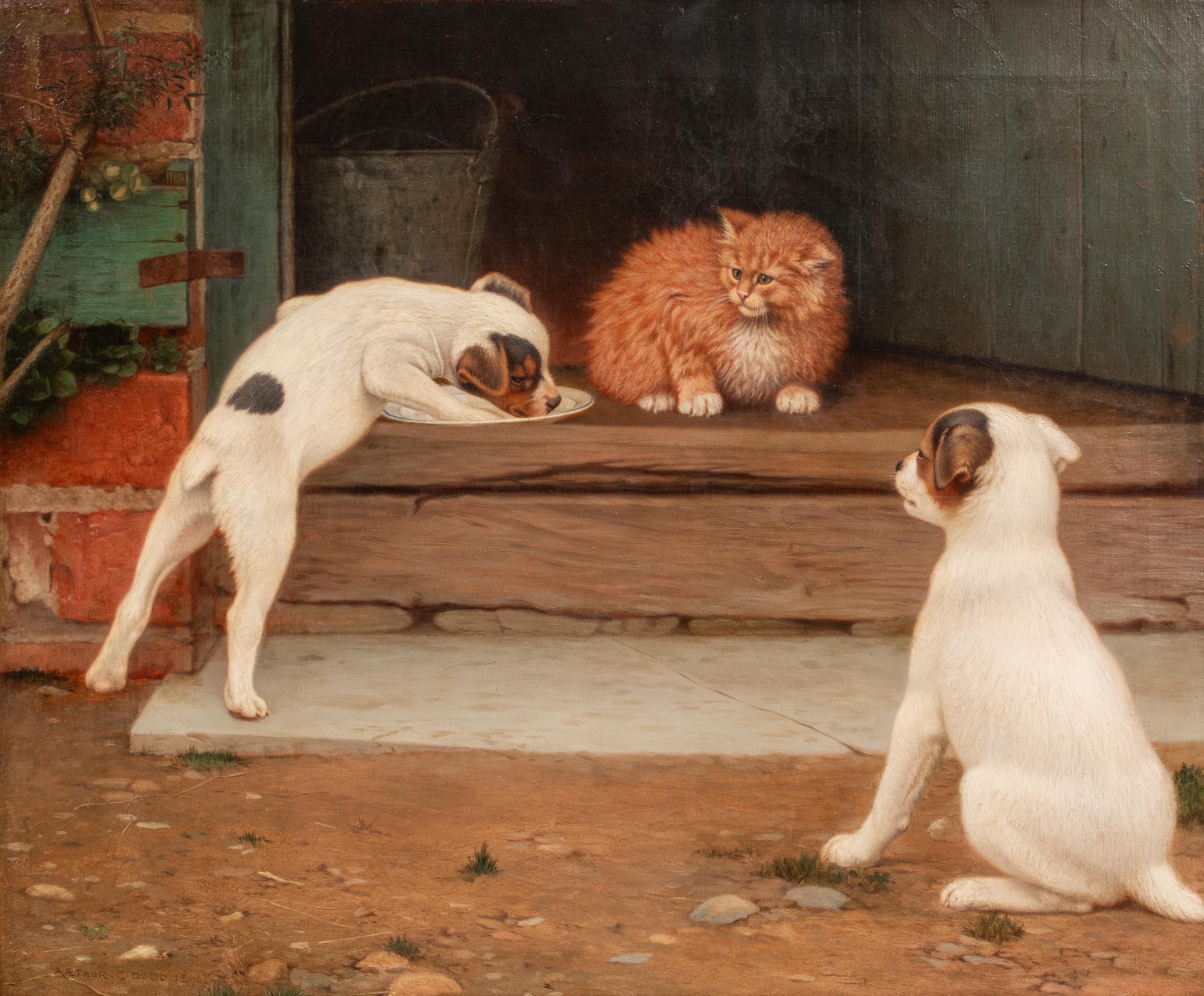 'None but the Brave Deserve the Fair', dated 1890

by Arthur Charles Dodd (1878-1891) similar to $9,000

Large 19th Century scene of Jack Russell terrier puppies and a ginger cat at the doorstep, oil on canvas by Arthur Charles Dodd. Leading example