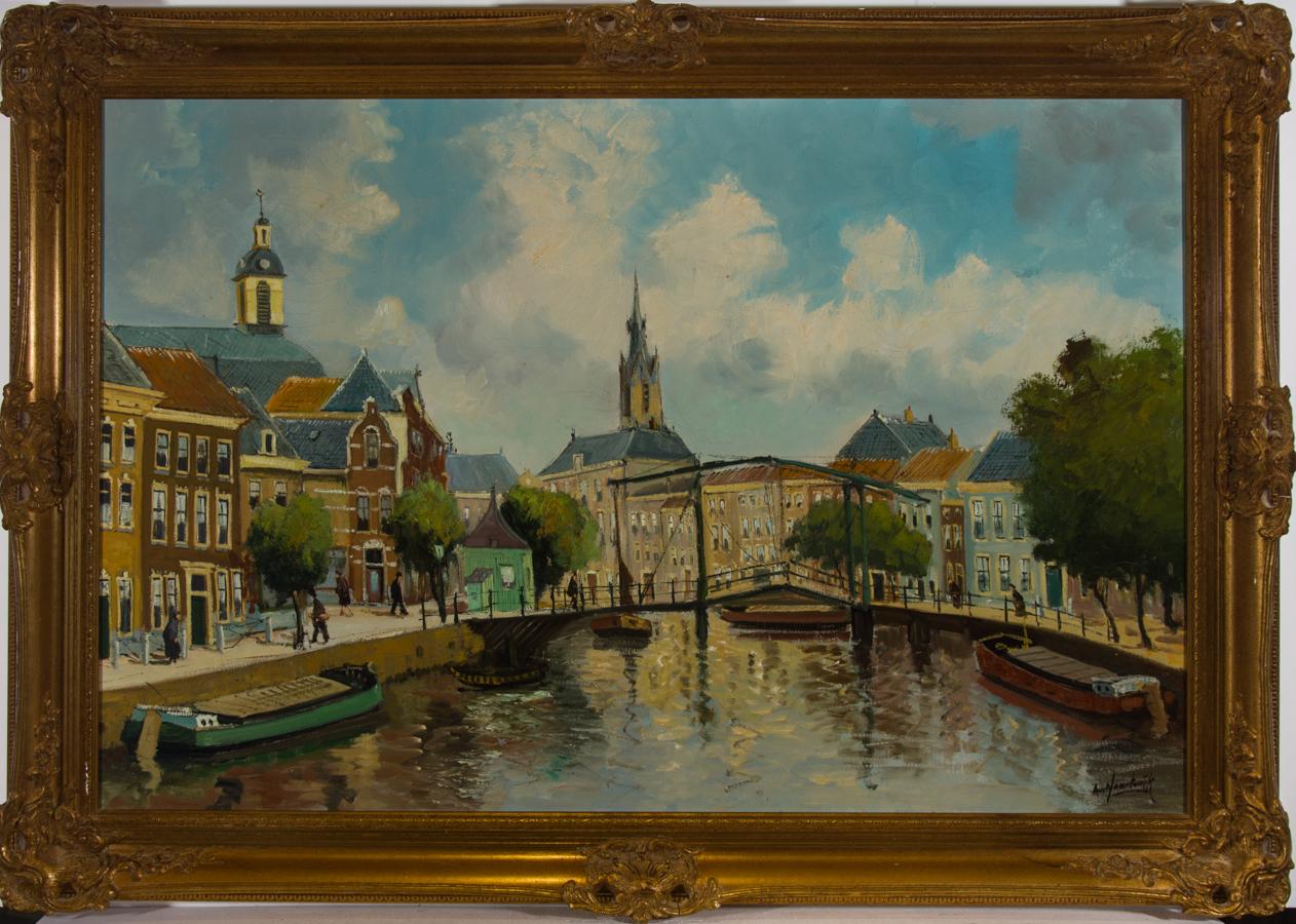 Unknown Landscape Painting - Noortwijk - Framed Mid 20th Century Oil, Amsterdam Canal Scene