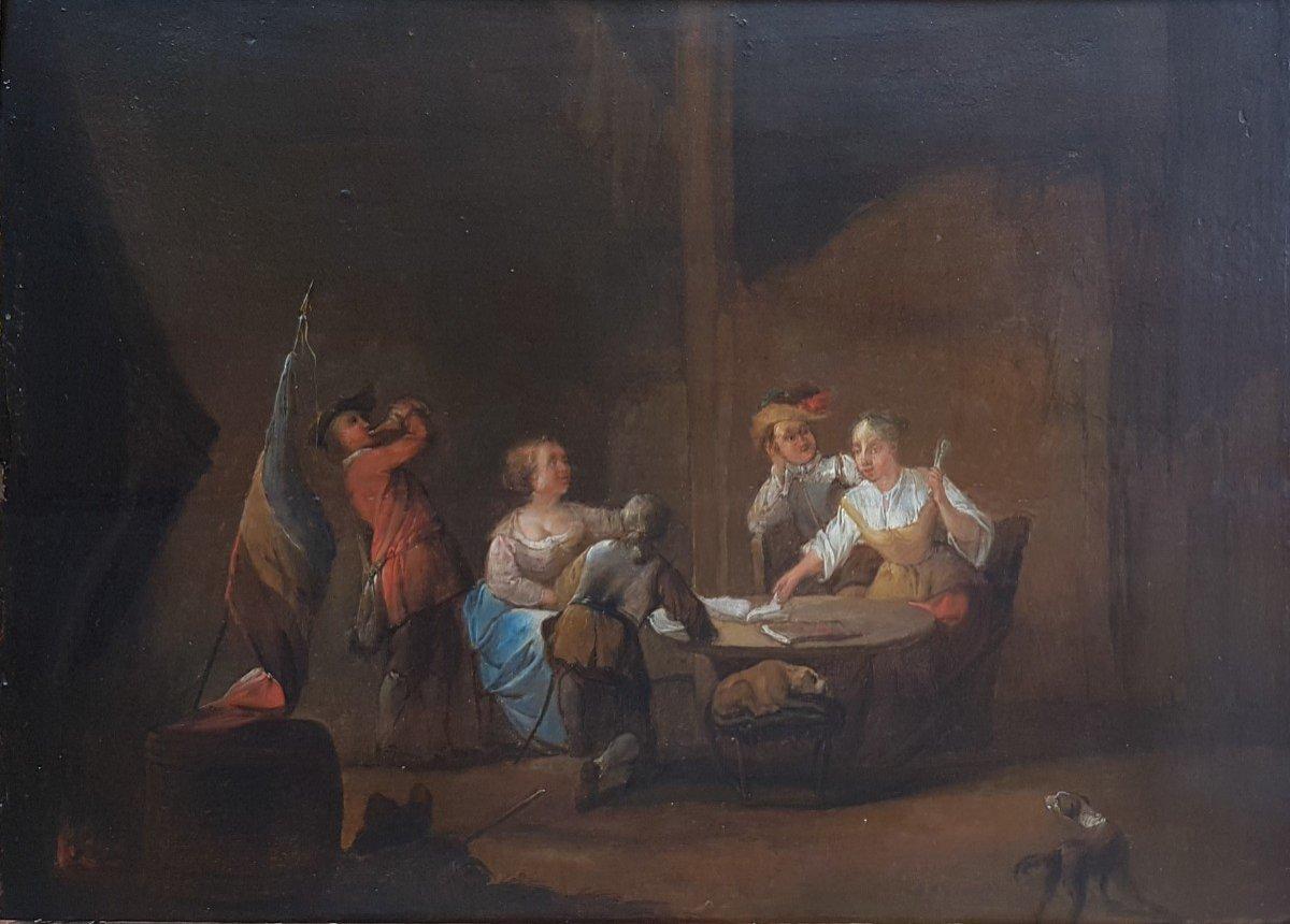 Painting flemish school 18th century oil on panel wood - Interior tavern   - Brown Interior Painting by Unknown