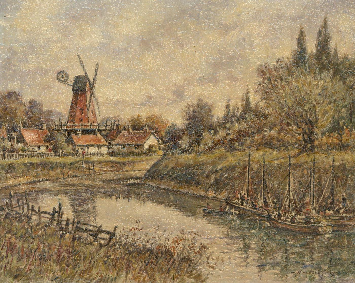 Norman Olley - Signed & Framed 1974 Oil, River Landscape with Windmill - Brown Landscape Painting by Unknown