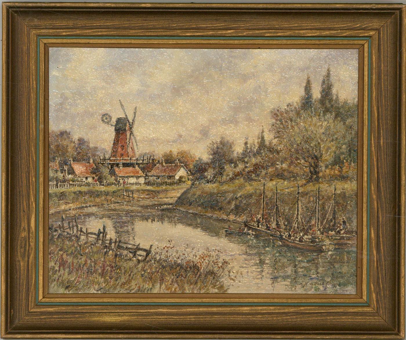 Unknown Landscape Painting - Norman Olley - Signed & Framed 1974 Oil, River Landscape with Windmill