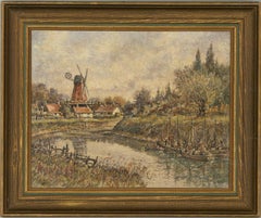 Norman Olley - Signed & Framed 1974 Oil, River Landscape with Windmill