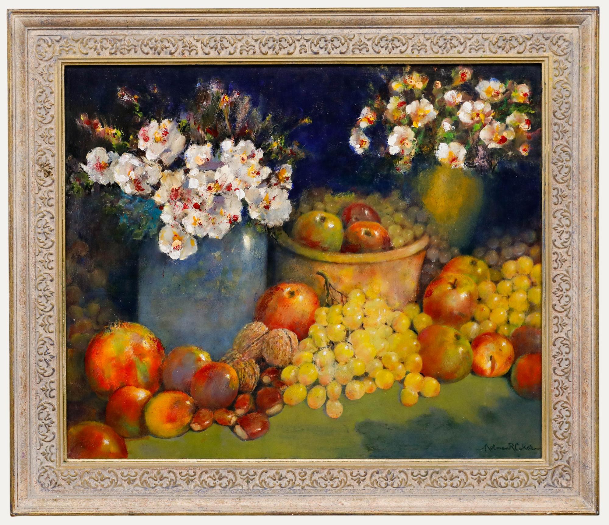 Norman R. Coker - Huile contemporaine encadrée, Nature morte fruits et fleurs