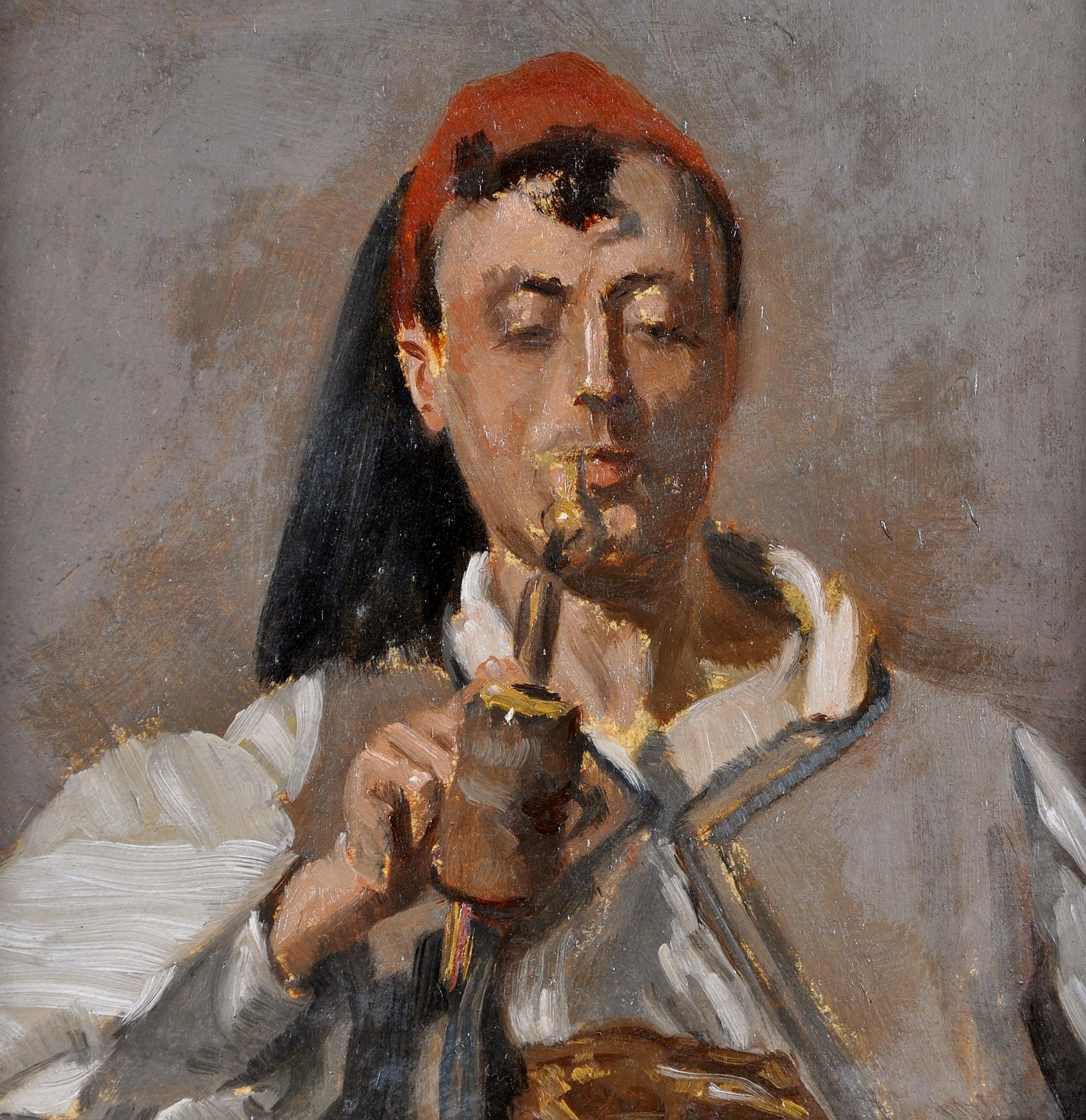 Nordafrikanischer Mann beim Rauchen einer Pfeife - Antikes britisches orientalistisches Porträtgemälde im Angebot 1