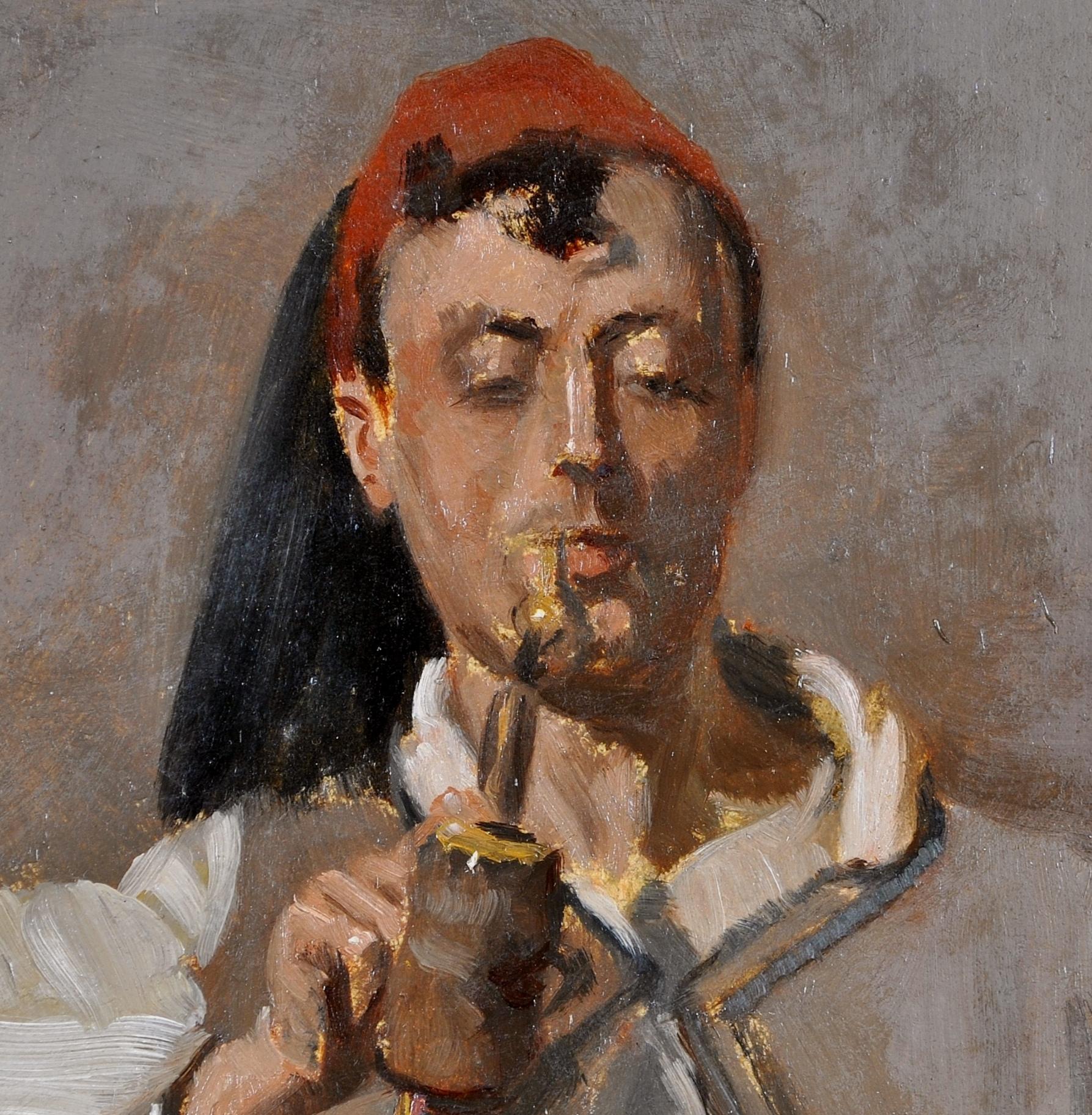 North African Man Smoking a Pipe - Antique British Orientalist Portrait Painting For Sale 4