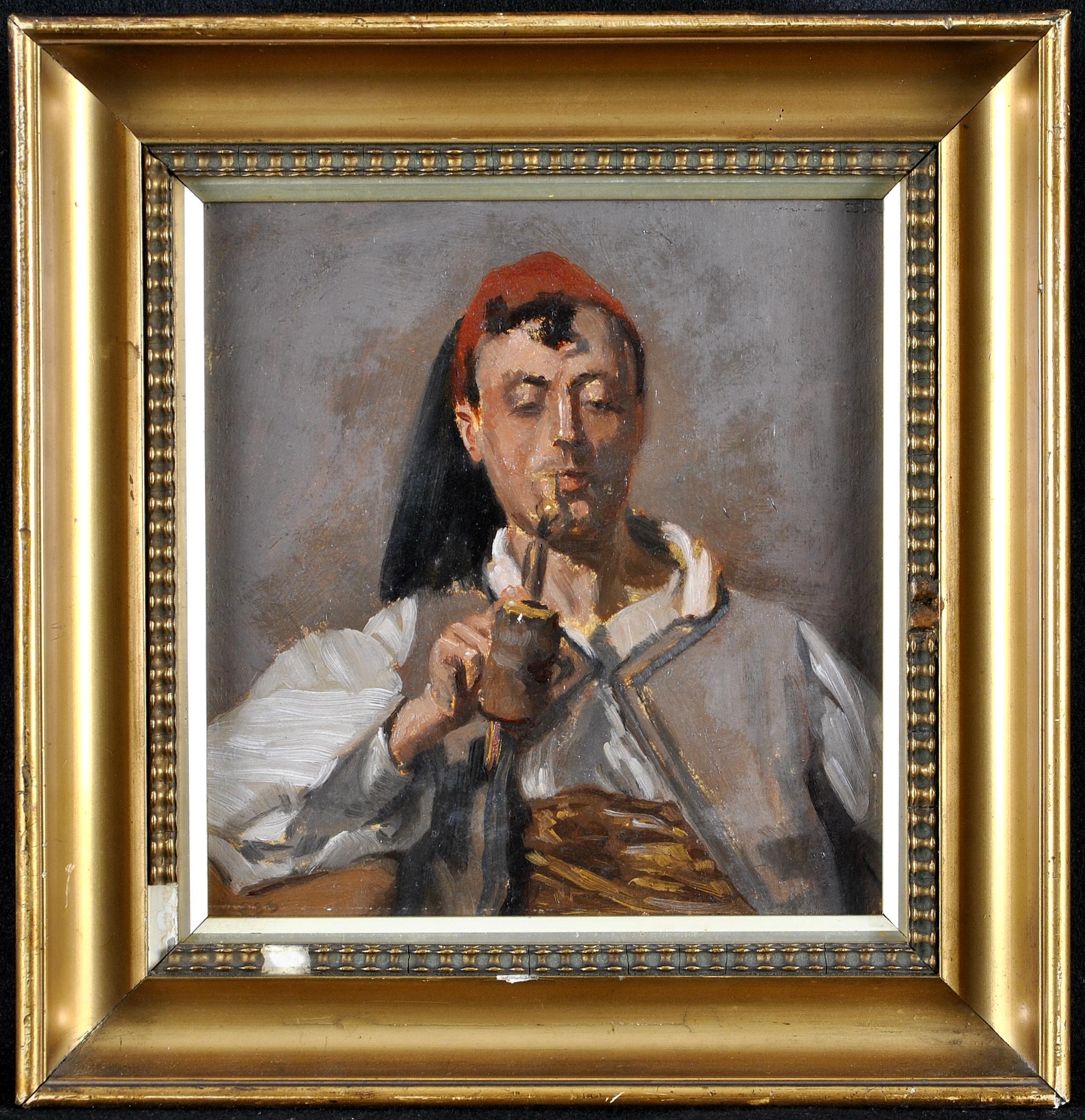 This late 19th or early 20th century oil on board depicts a North African man smoking a large pipe. A very well executed small scale work which is presented in it's original gilt wood frame.

Artist: British School, 19th/20th century
Title: North
