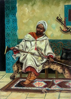 Vintage North African Orientalist Oil Painting Portrait of Man with Musket Rifle 