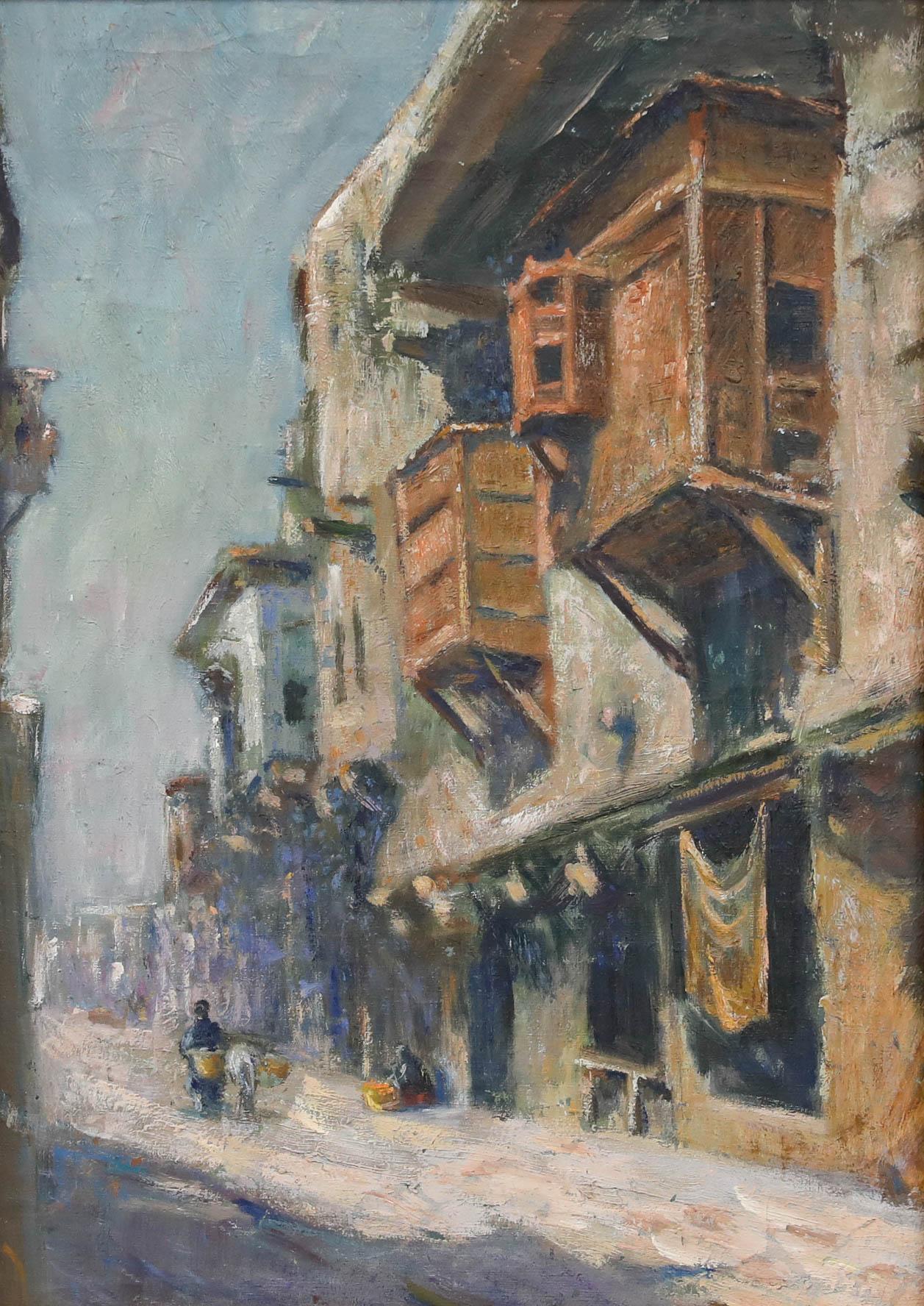 North African School  Late 19th Century Oil - Narrow City Street - Painting by Unknown