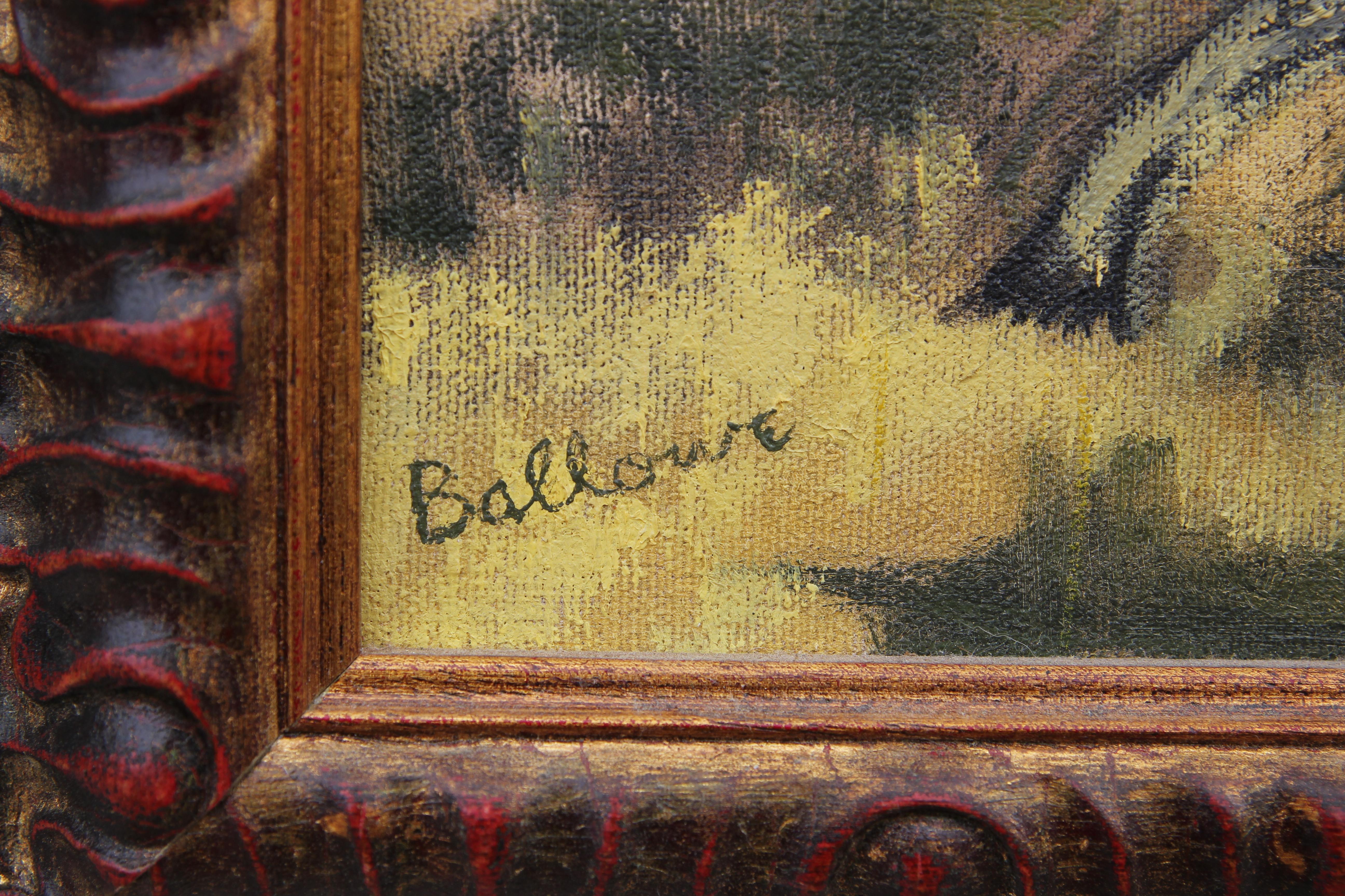 Impressionist style yellow toned landscape painting with a house in the background. The painting is signed by the artist in the bottom corner. It is framed in a wooden frame. 
Dimensions without Frame: H 10 in x W 14 in. 
