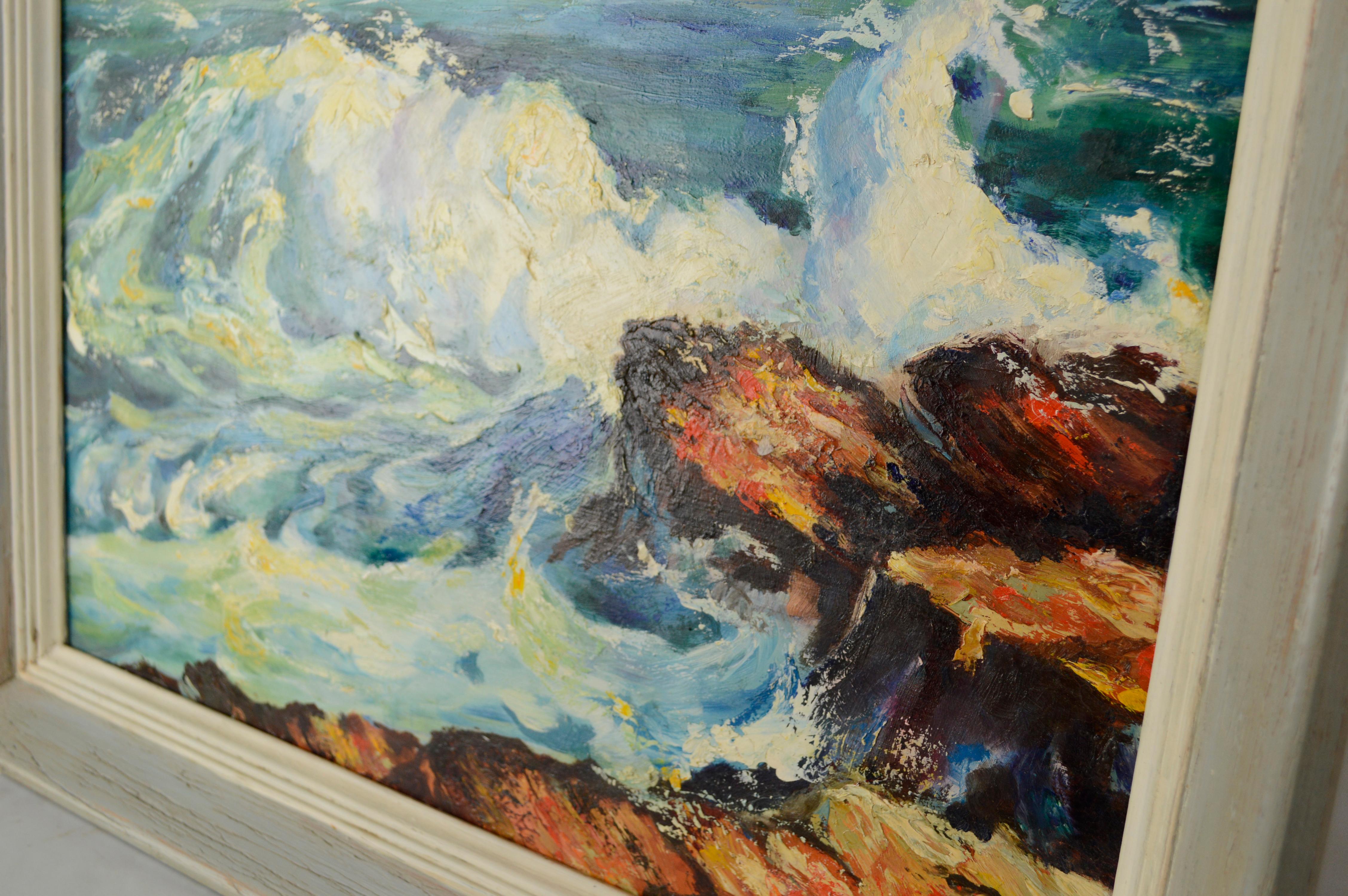 Costa del Norte de California Condado de Santa Cruz Olas del Océano 1950 Plein Air - Landscape Painting Marrón de Unknown