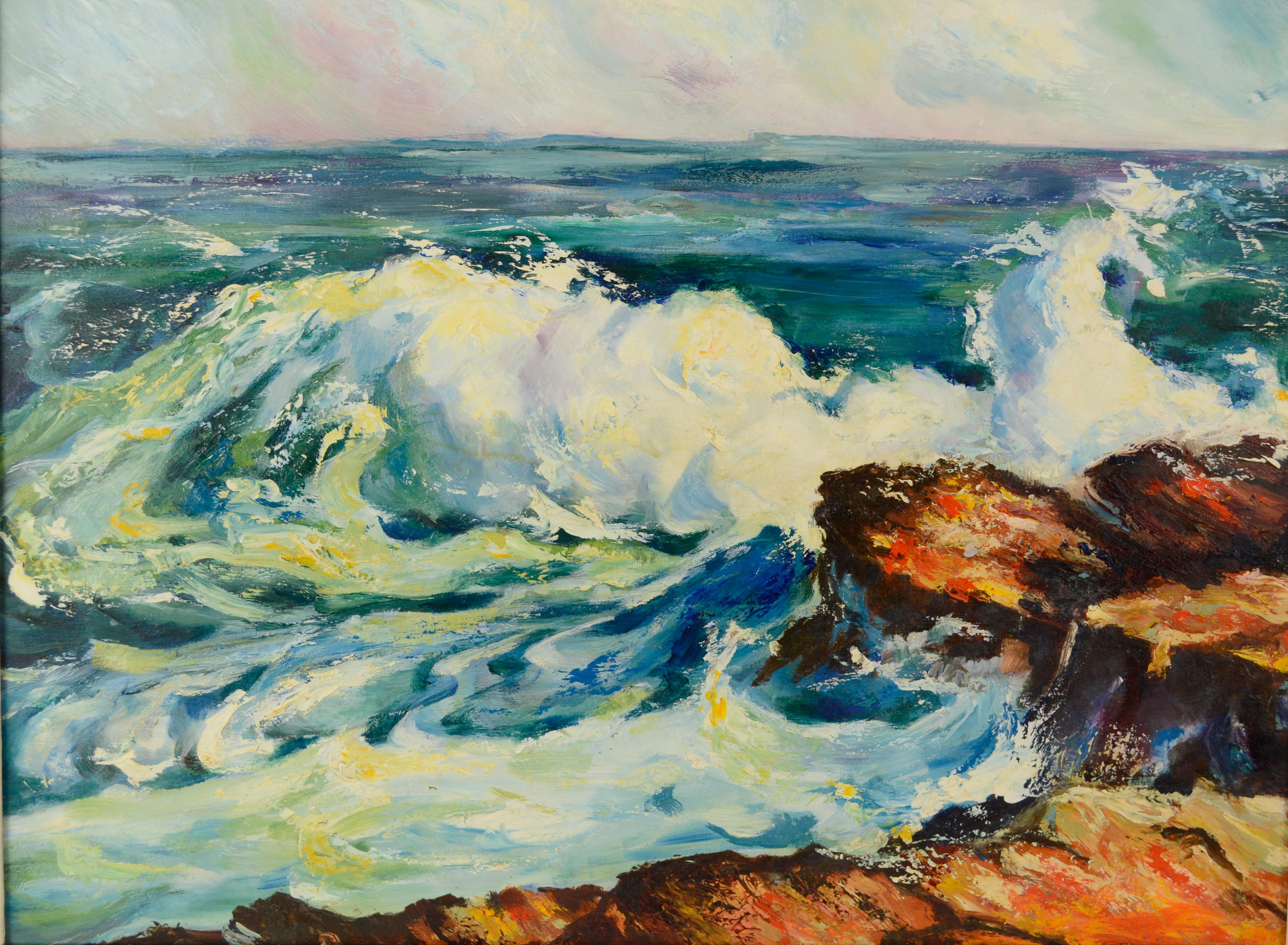 Costa del Norte de California Condado de Santa Cruz Olas del Océano 1950 Plein Air
Acantilados de arenisca de Santa Cruz y olas rompiendo cerca de Natural Bridges, hacia 1950, por un artista californiano desconocido.
Imagen, 16 