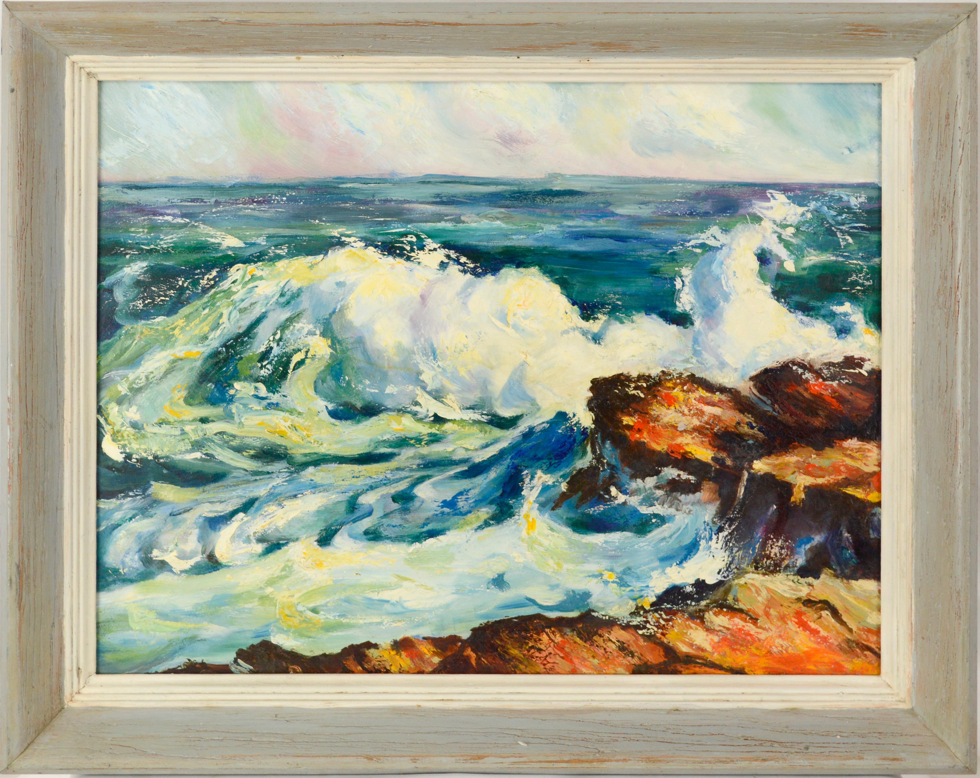 Unknown Landscape Painting - Northern California Coastal Santa Cruz County Ocean Waves 1950 Plein Air