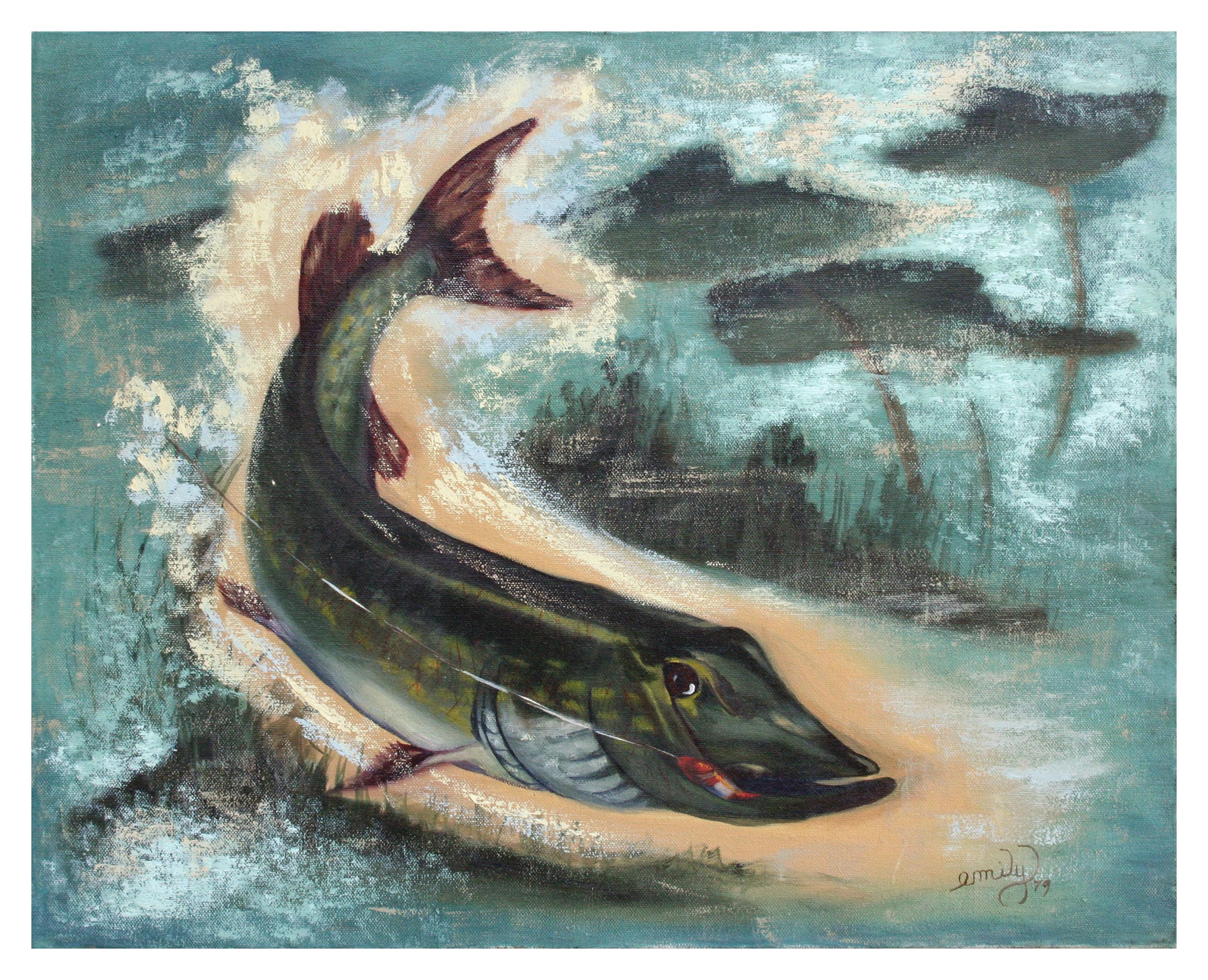 Unknown Figurative Painting – Northern Pike, Fisch auf Haken