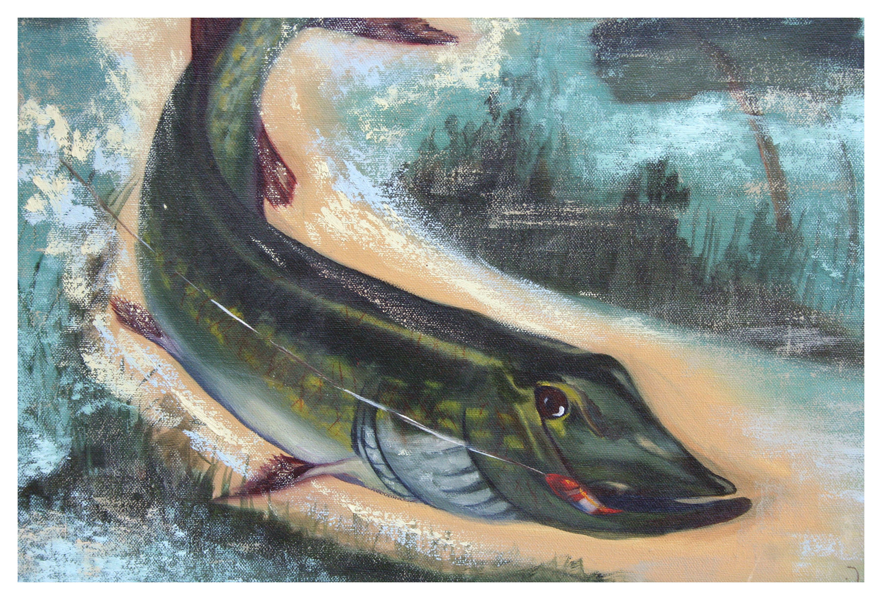 Northern Pike, Fish on Hook  - Painting by Unknown